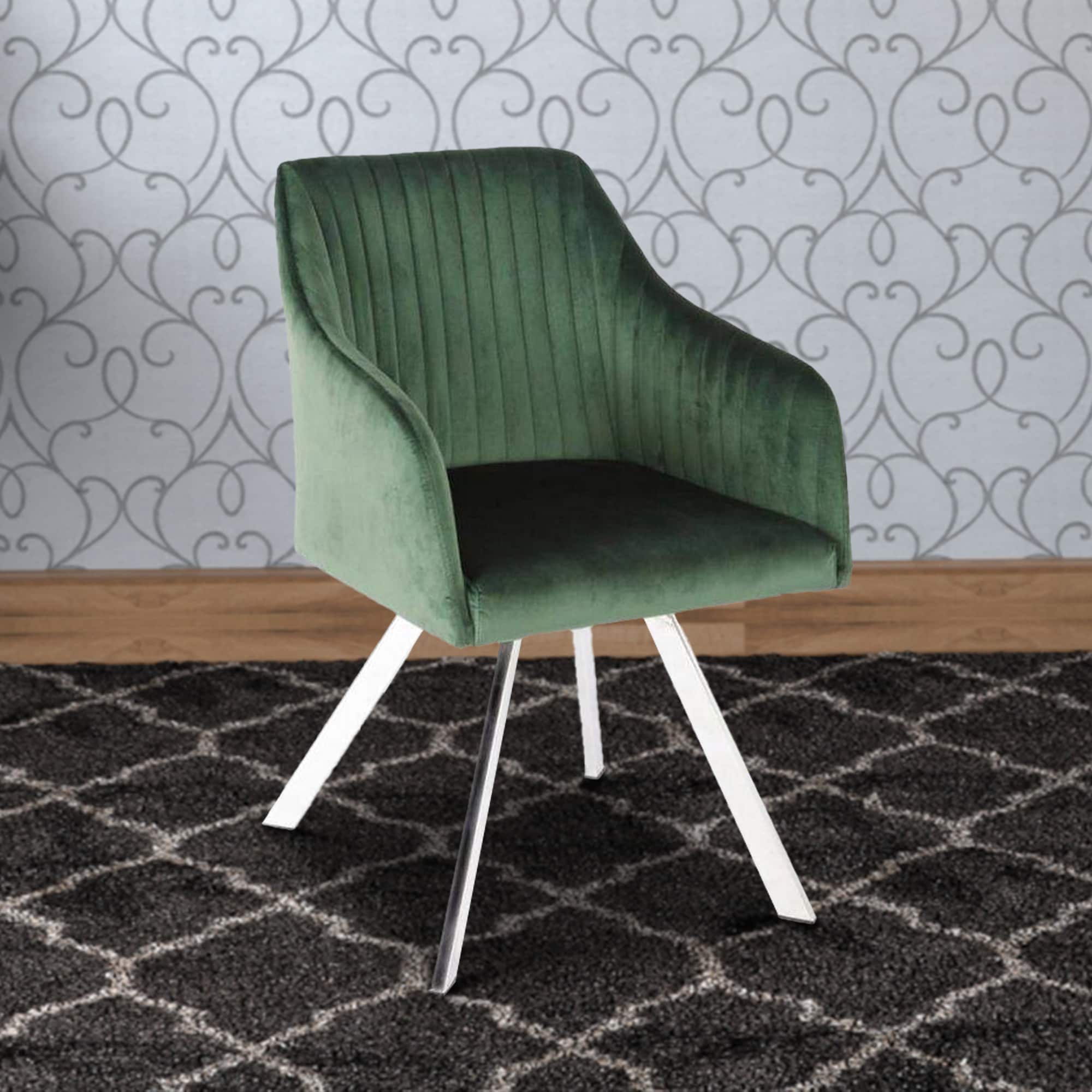 Contemporary Green Velvet Upholstered Swivel Arm Chair