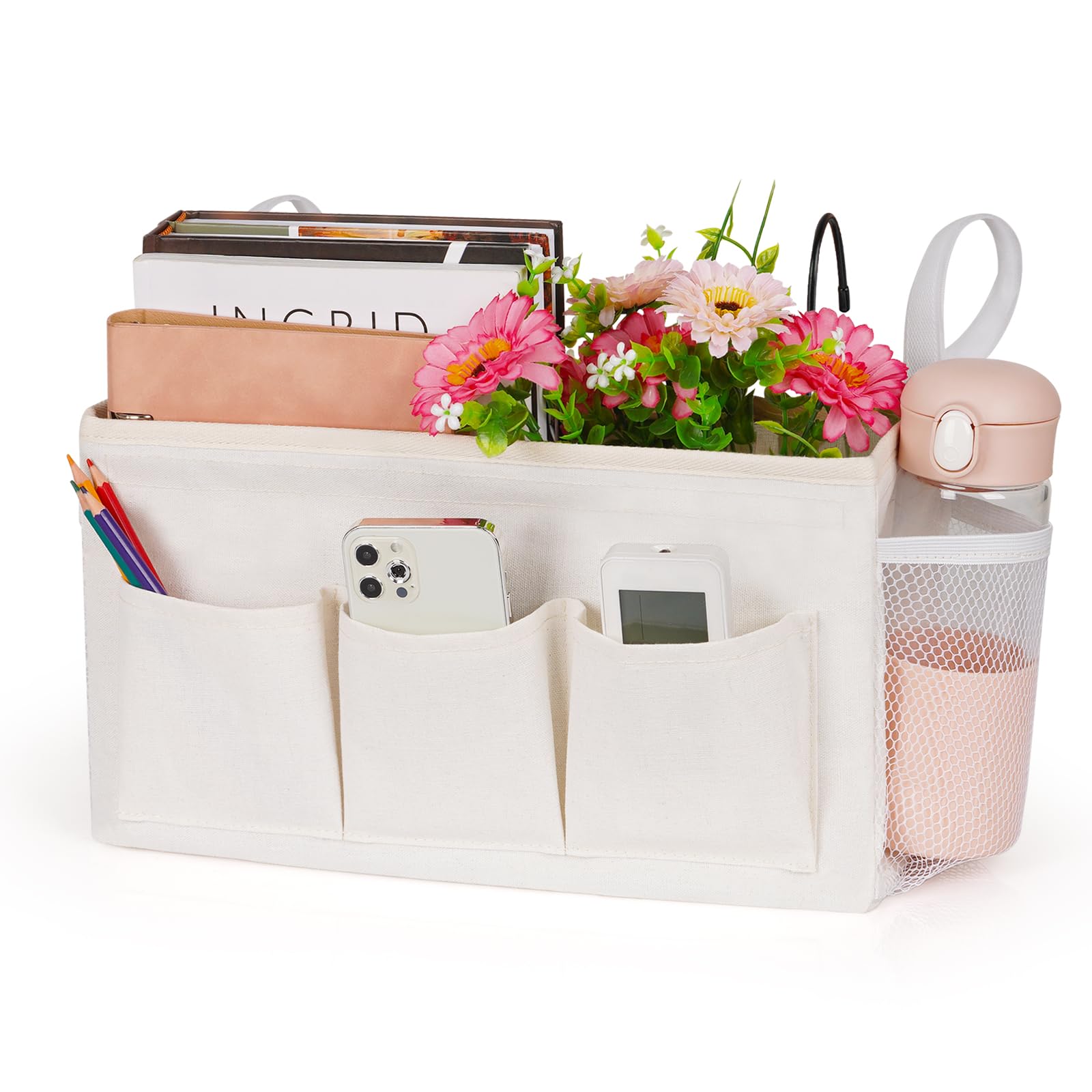 LAIFUCAM  Bedside Caddy Storage Organizer with Fixed Straps Water Bottle Holder for Dorm Home Hospital or Crib Bed Rails Canvas White