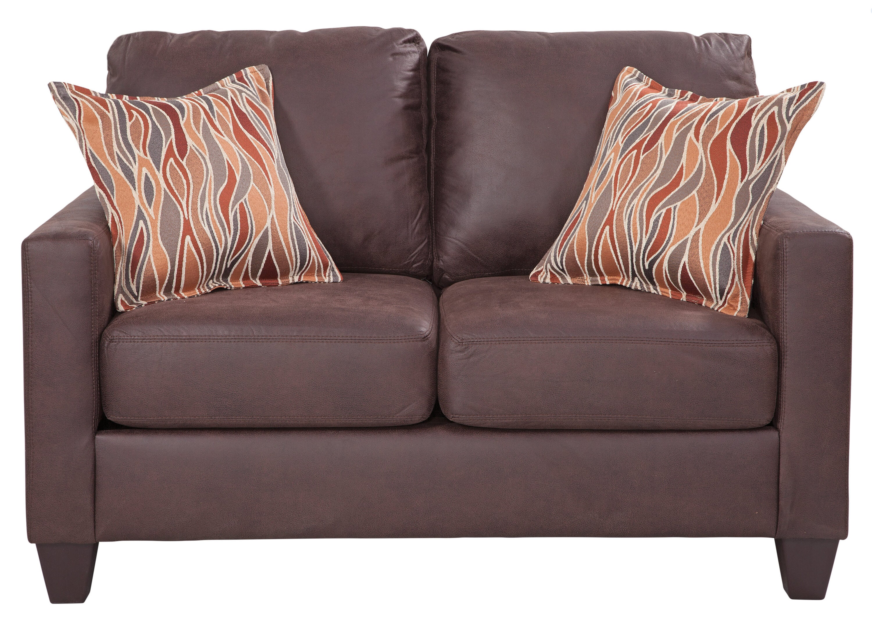 Brown Faux Leather Track Arm Loveseat with Removable Cushions