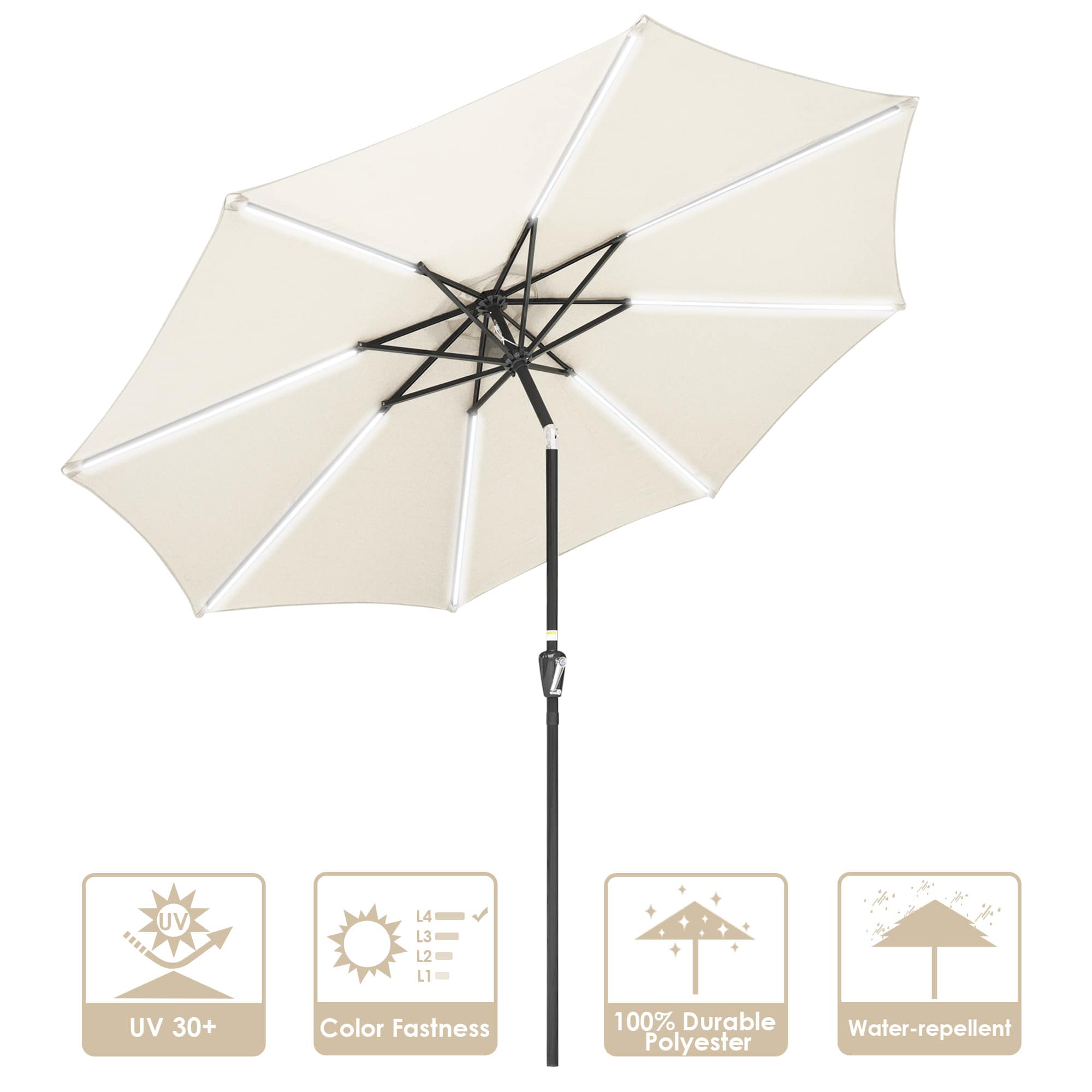 Yescom 07UMB030-10L-WHIT-LO 10ft Solar LED Patio Umbrella Outdoor Yard Parasol Pool Sunshade Tilt with Crank