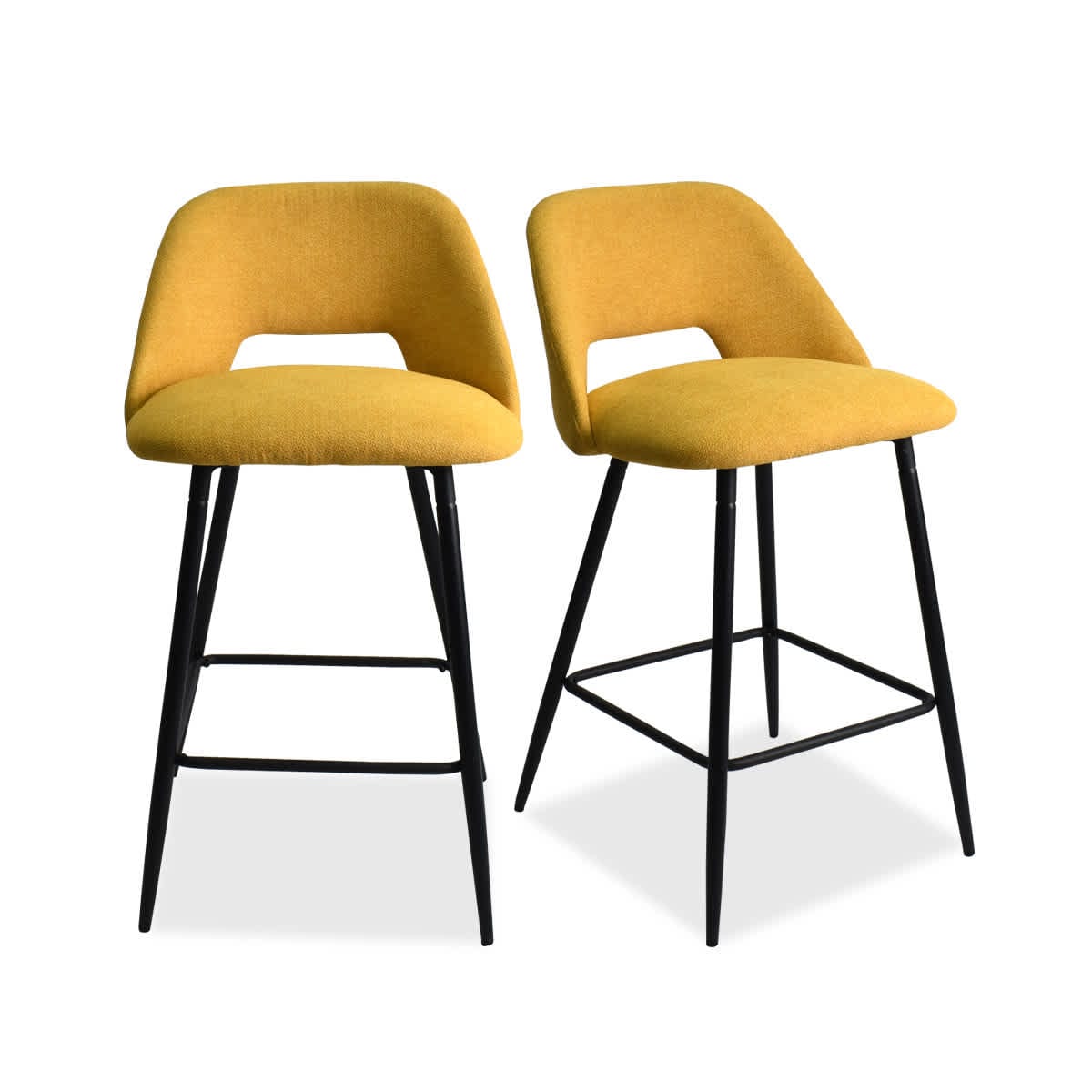 Maison Boucle EDWIN-MIDBAR-YE Set of 2 Yellow Upholstered Counter Stools with Backrest and Black Metal Legs for Modern Kitchen