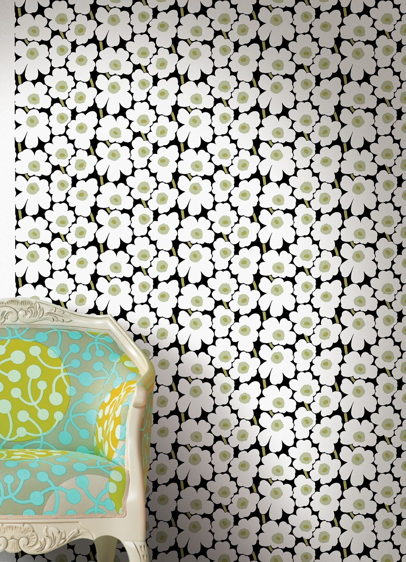 Black and White Vinyl Floral Peel and Stick Wallpaper Roll