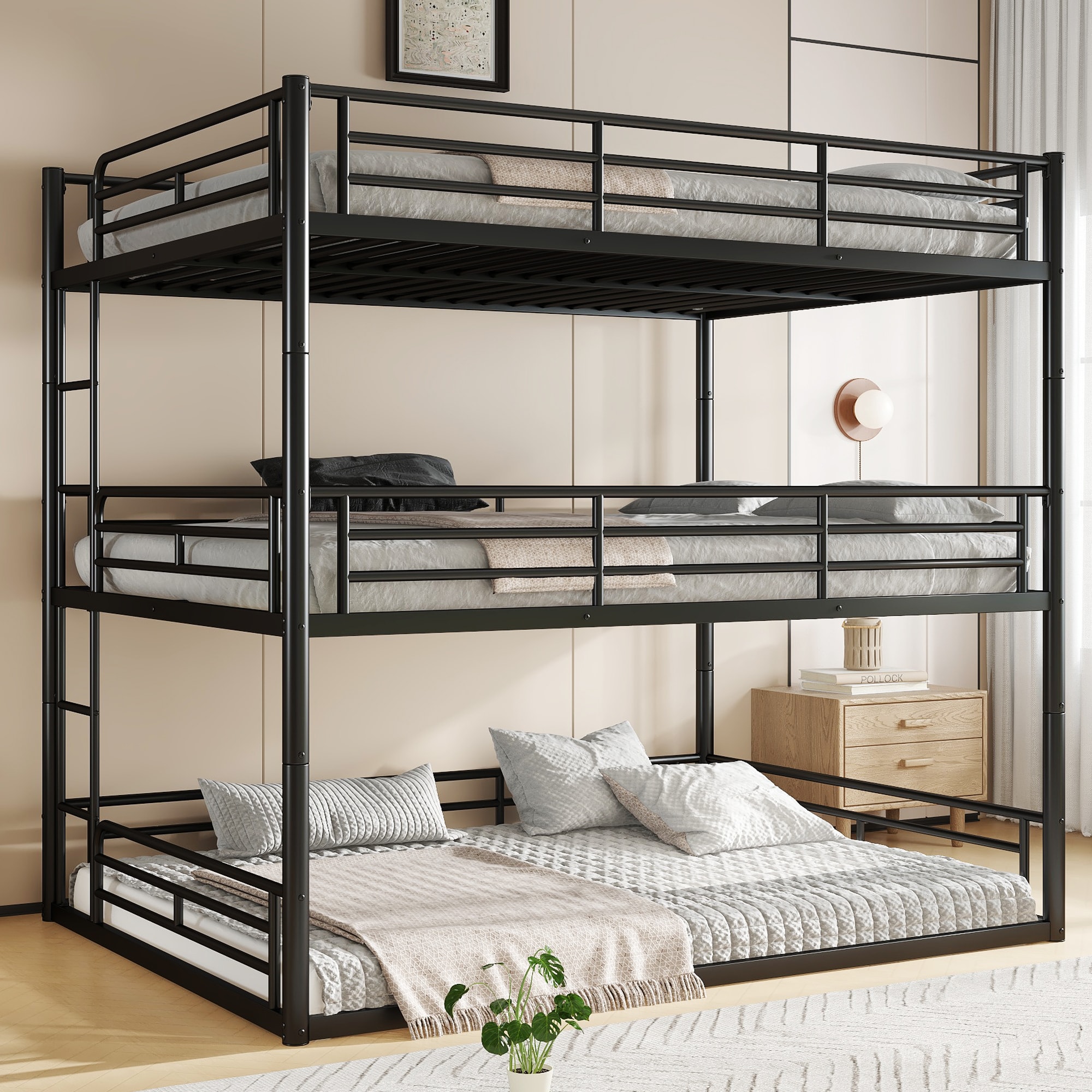 Bellemave Black Queen Over Queen Over Queen Metal Triple Bunk Bed with Safety Guardrails Heavy Duty Bunk Bed with Noise Reduced Design