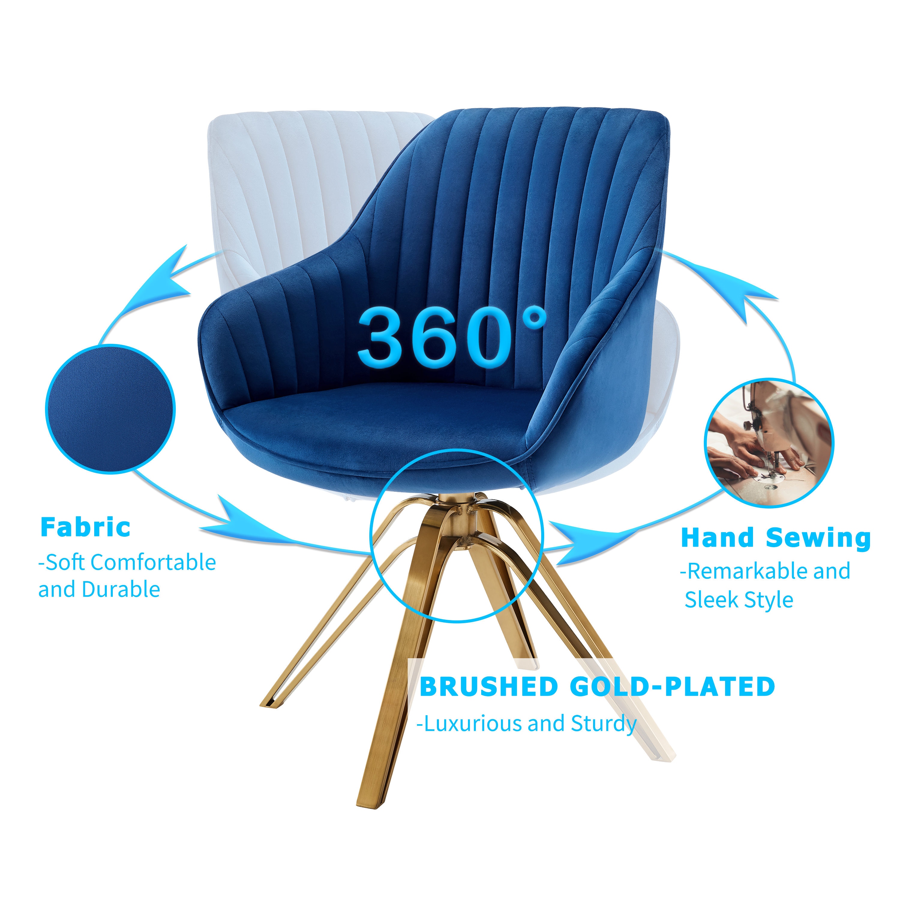 Mazarine Striated Quilted Swivel Accent Chair with Gold Metal Base