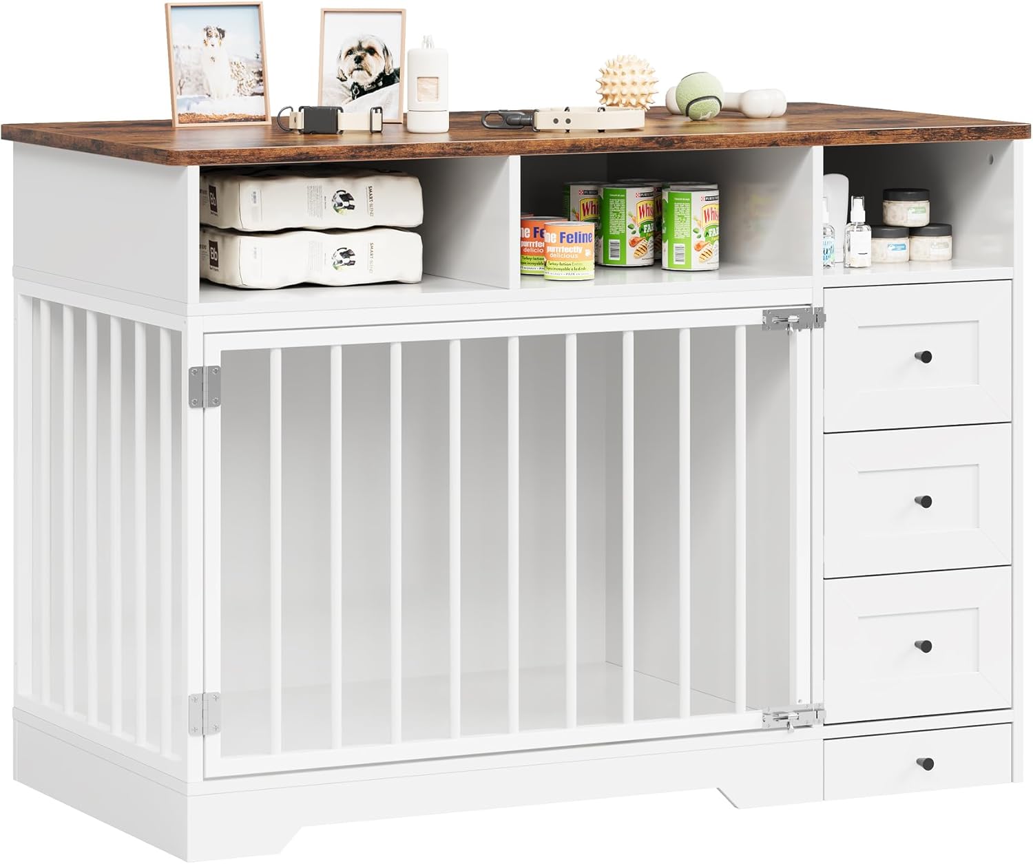 Qeetex DHZ-PHO-33JRPU4T 48 inch Dog Crate Furniture Farmhouse Dog Kennel with Bowl and Drawers Heavy Duty Pet Crate Table for Medium Small Dogs for Living Room Entryway Storage