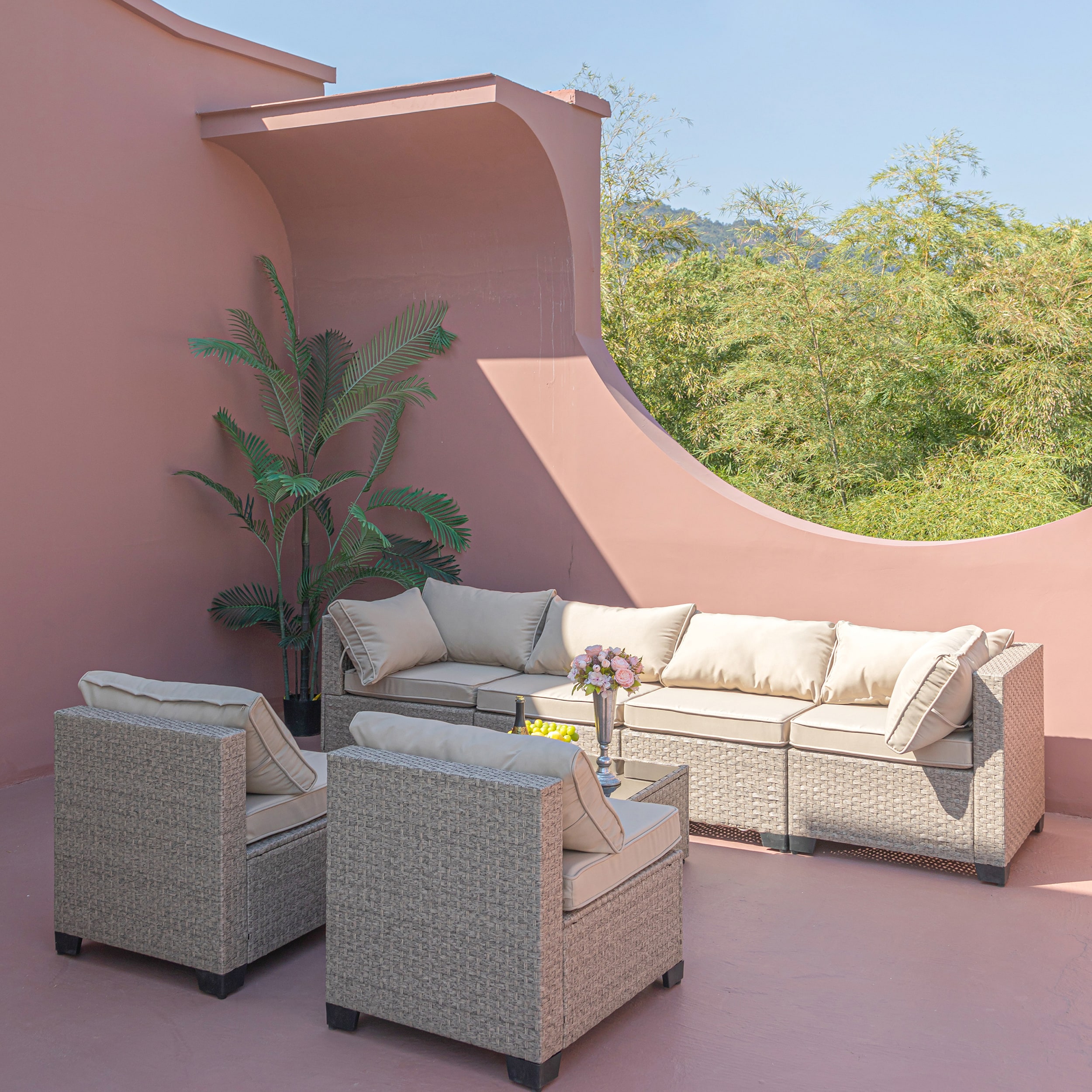Moda Furnishings MDW2775S00001 Gigi 7 -Piece Wicker Patio Conversation Set with Beige Cushions