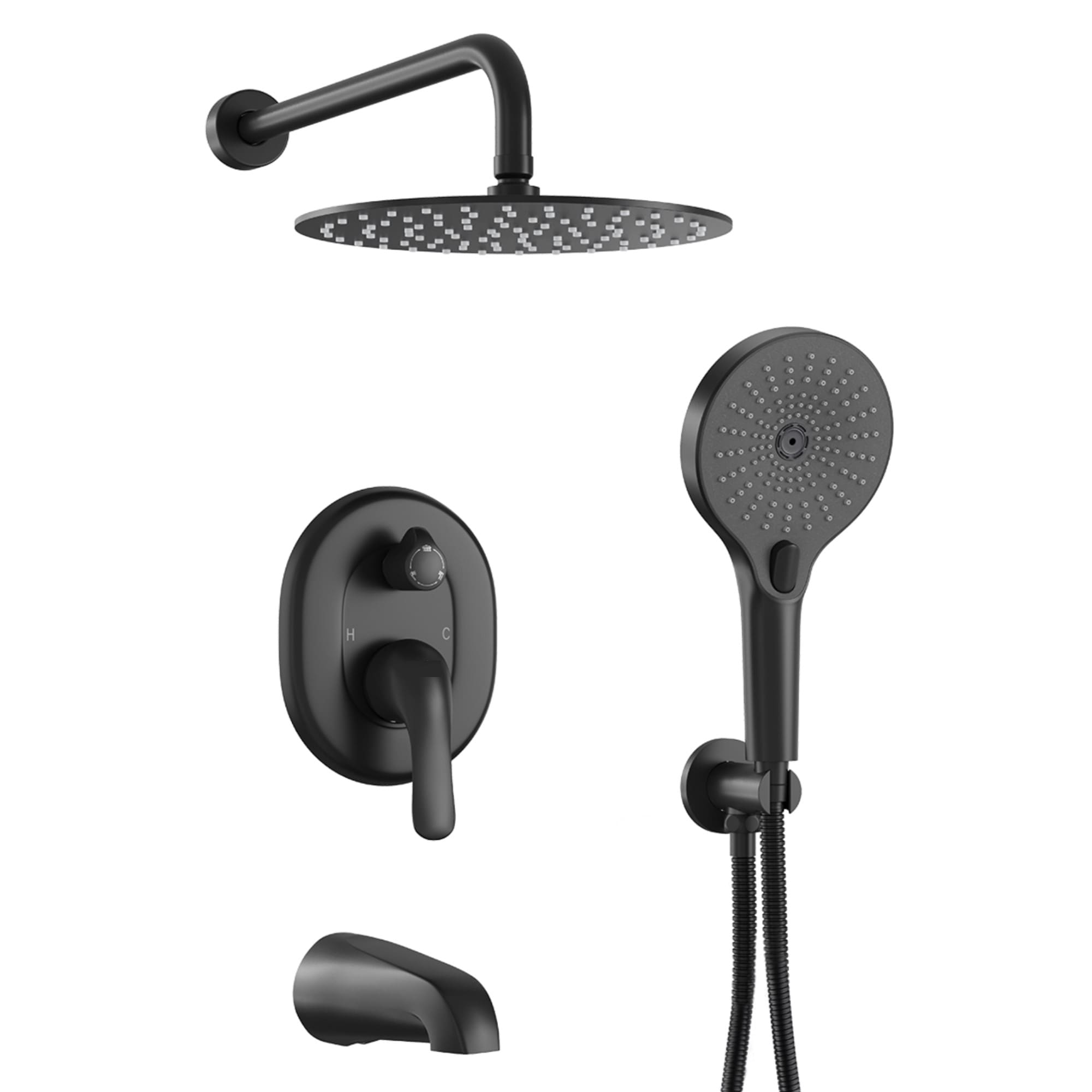Mondawe AM-S133A3C-10BG Matt Black 10-in Built-In Shower Faucet System with 3-way Diverter ( Pressure-balanced Valve Included )