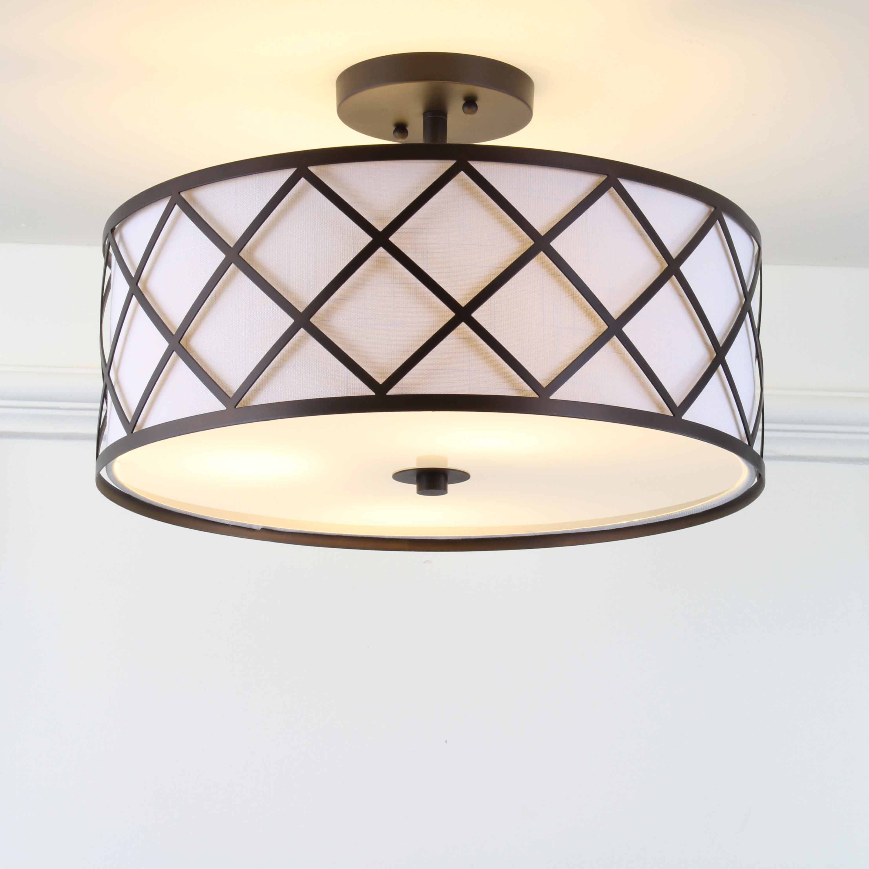 Transitional Elegance 16.75" Drum Flush Mount in Oil Rubbed Bronze with White Linen Shade