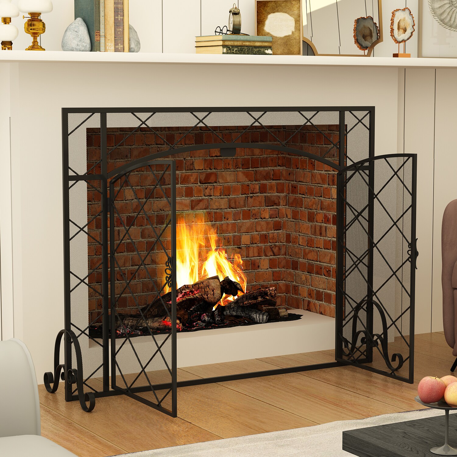 Fire Beauty Fireplace Screen with Two-Doors Large Flat Guard Screens,  Wrought Iron Mesh, Baby Safe Spark Guard Protector
