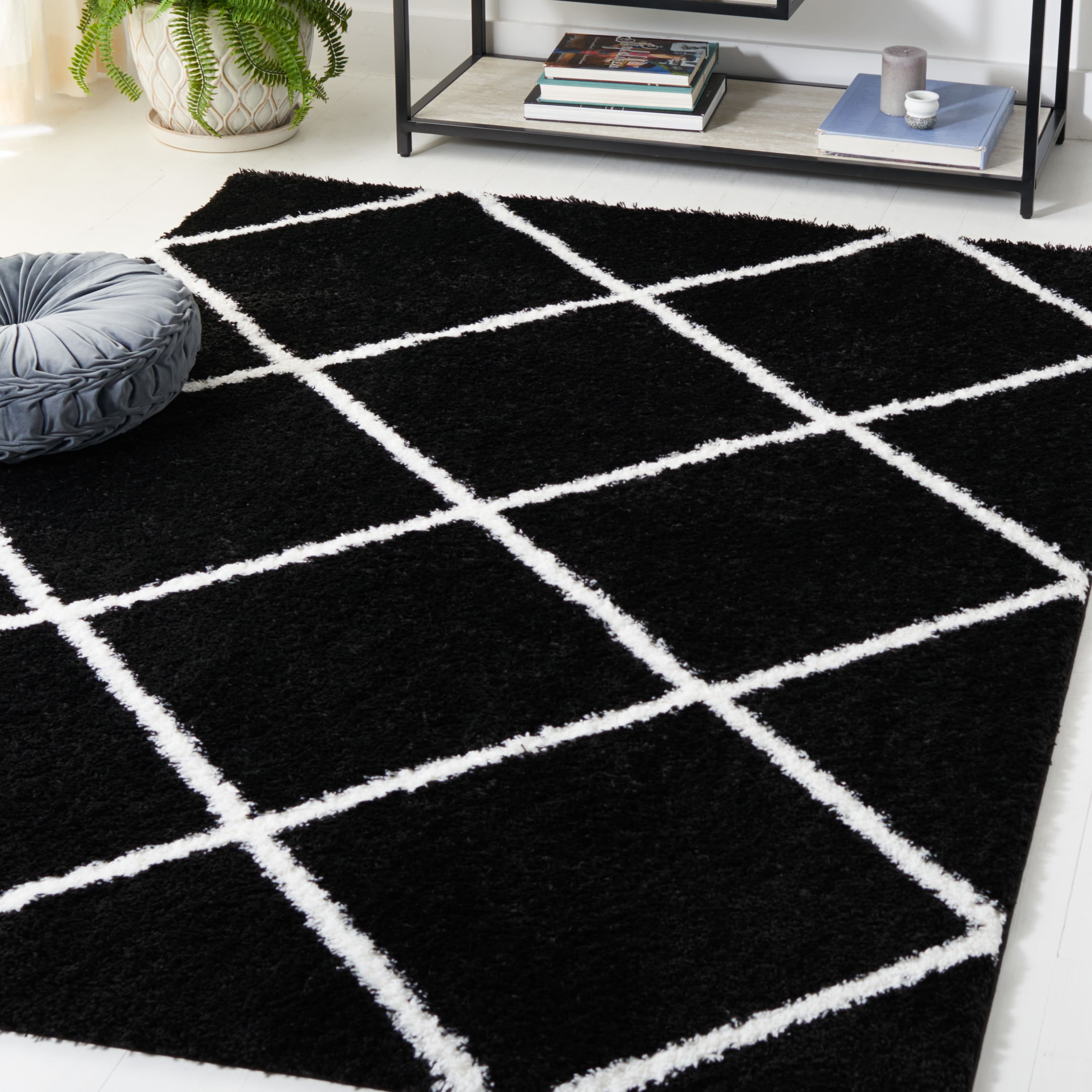 Black and White Geometric Shag Area Rug 6'7" x 8'7"