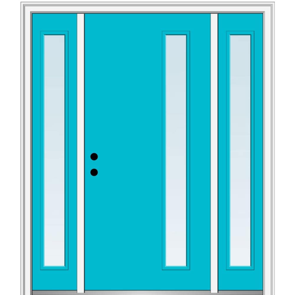 MMI DOOR ZZ345895R Spotlights 64-in x 80-in x 4-9/16-in Fiberglass Pulse lite Right-hand inswing Bahama Blue Painted Prehung Front Door with Sidelights with Brickmould Insulating core