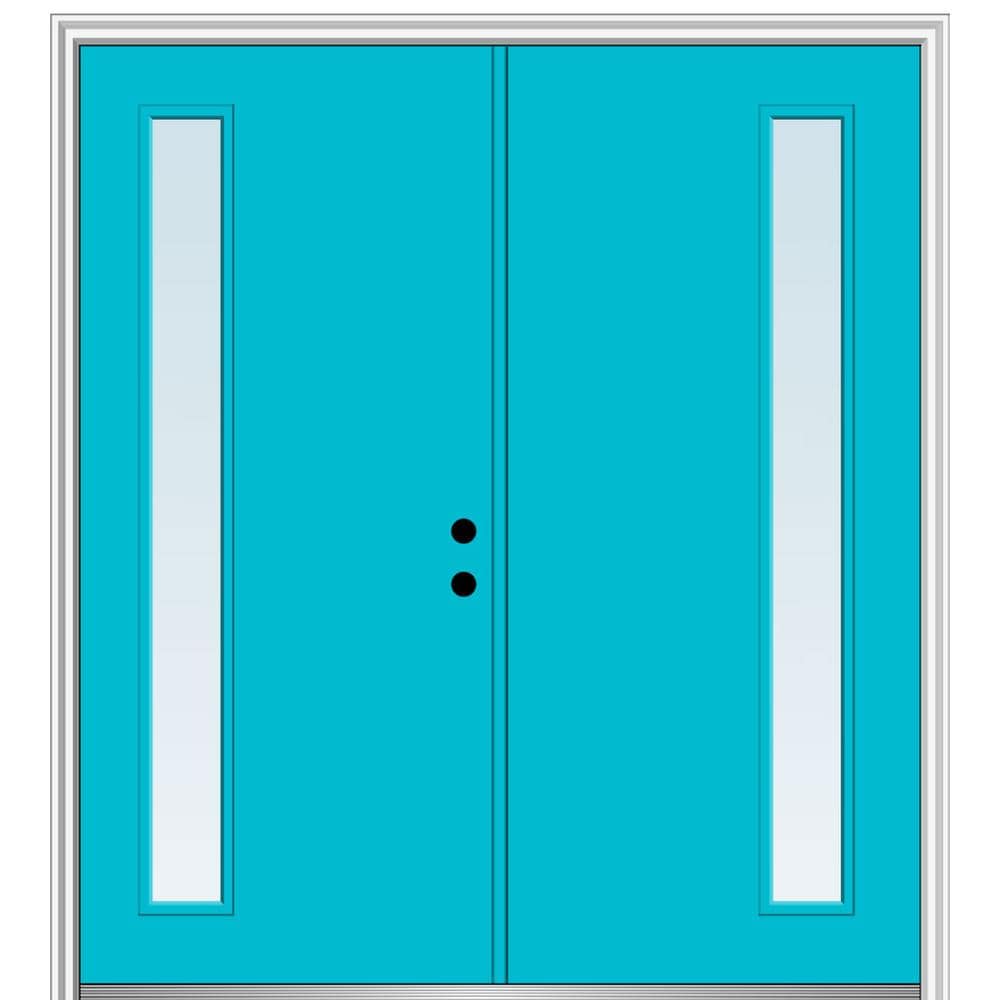 MMI DOOR Spotlights 72-in x 80-in x 4-9/16-in Fiberglass Pulse lite Left-hand inswing Bahama Blue Painted Prehung Double Front Door with Brickmould Insulating core
