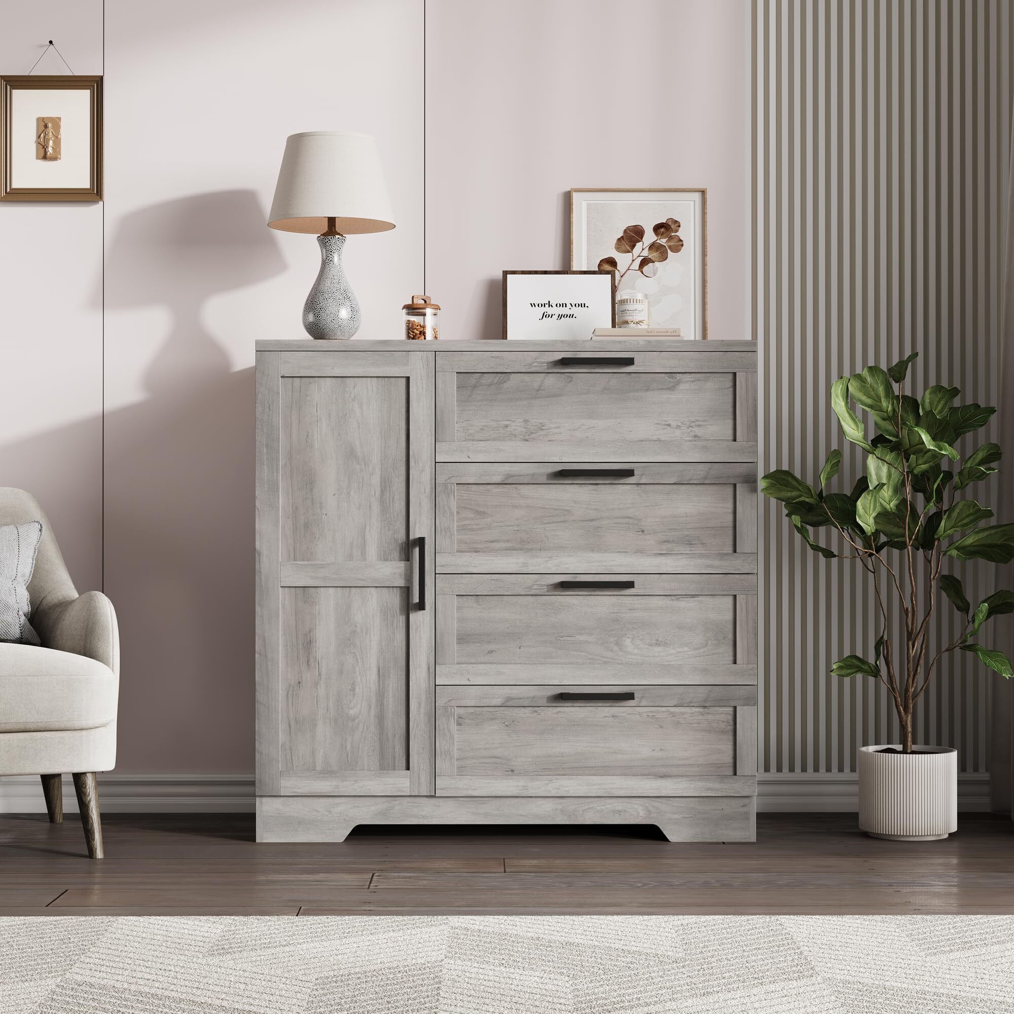 Garvee Wood Armoire Wardrobe Closet Cabinet with 4 Drawers Door and Hanging Rod Gray