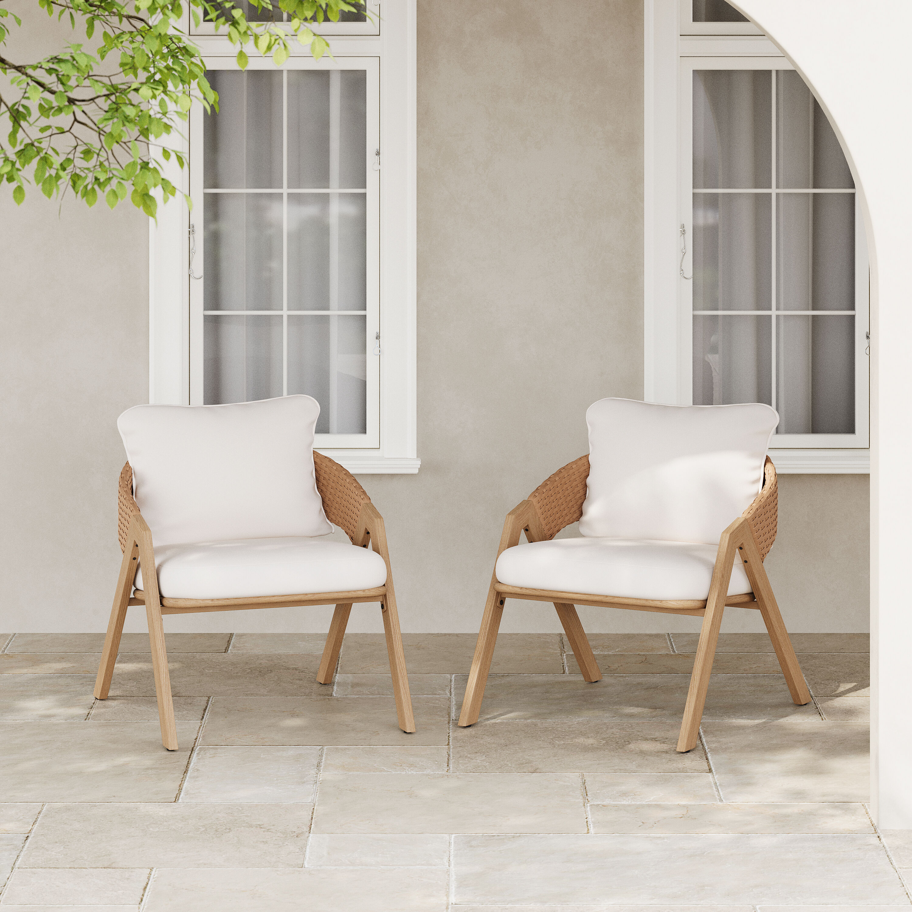 AAZJ Patio Chair Set of 2 Wicker Teak Steel Frame Stationary Balcony Chair with White Cushioned Seat