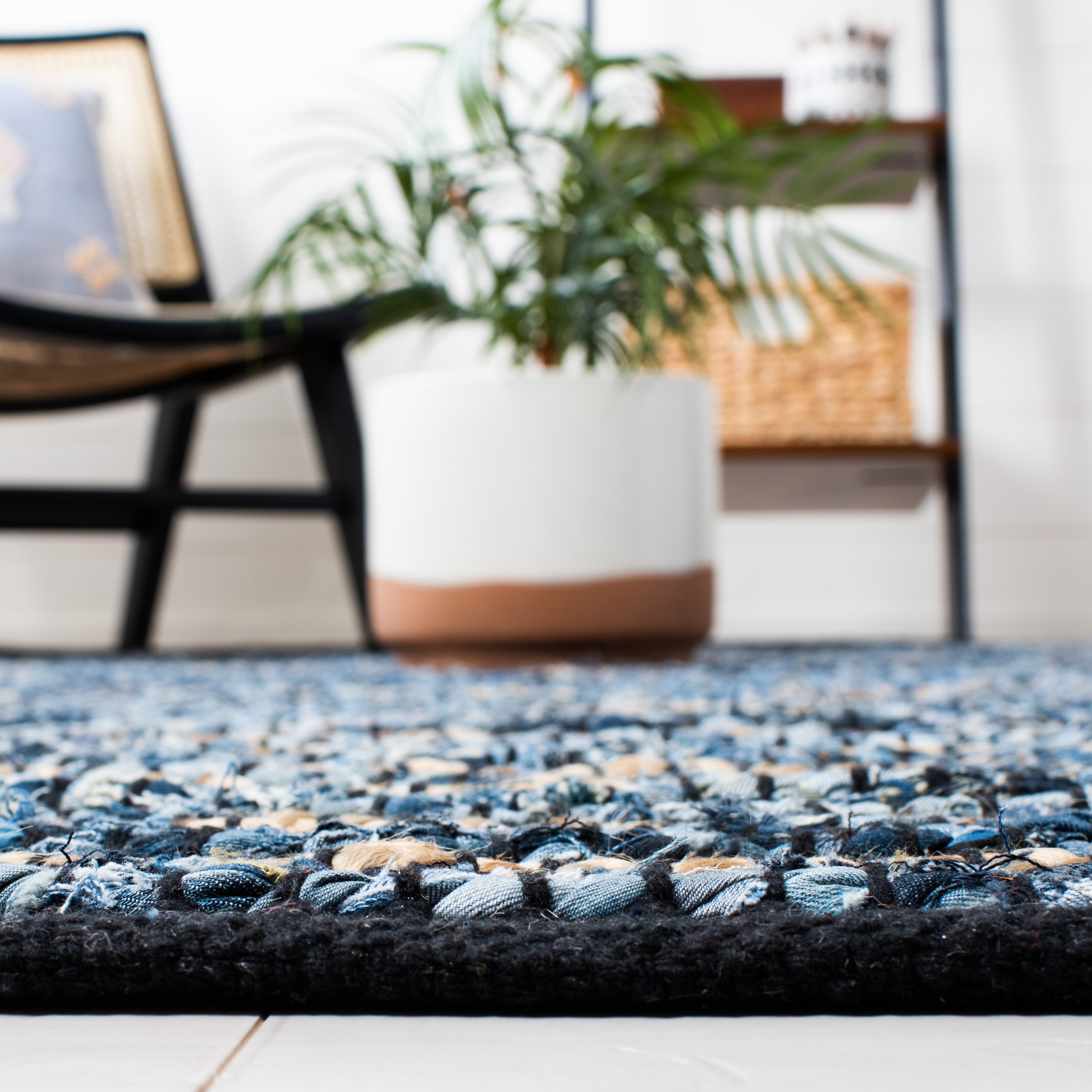 Handmade Blue and Natural Cotton Square Geometric Area Rug