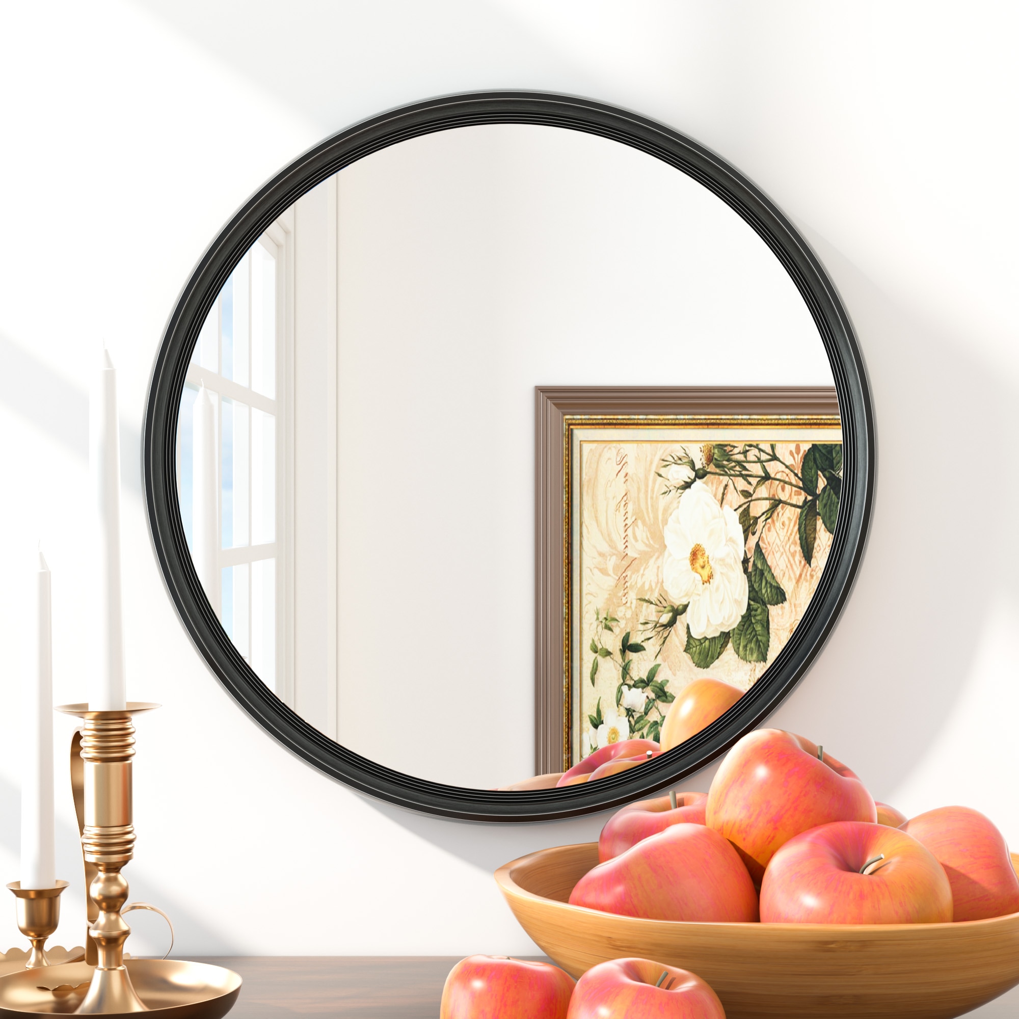 Keonjinn LW-YX18-R41BK Bathroom Mirrors 16-in W x 16-in H Round Matte Black Beveled Wall Mirror