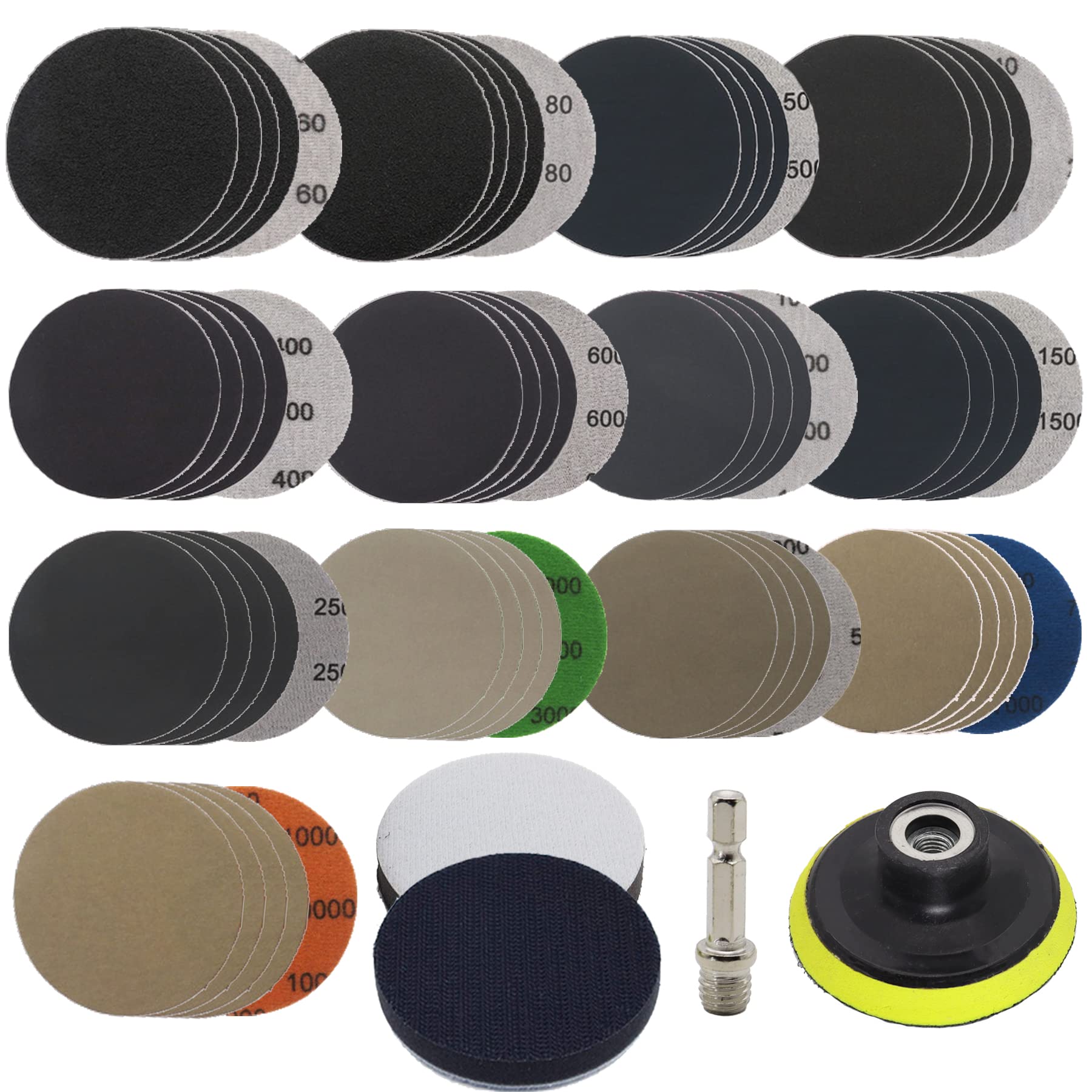 SenQWFa  65pcs Sandpaper Set 3Inch 60 to 10000 Grit Wet Dry Sanding Discs with M10 Backing Pad and Interface Pads for Wood Metal Car Polishing