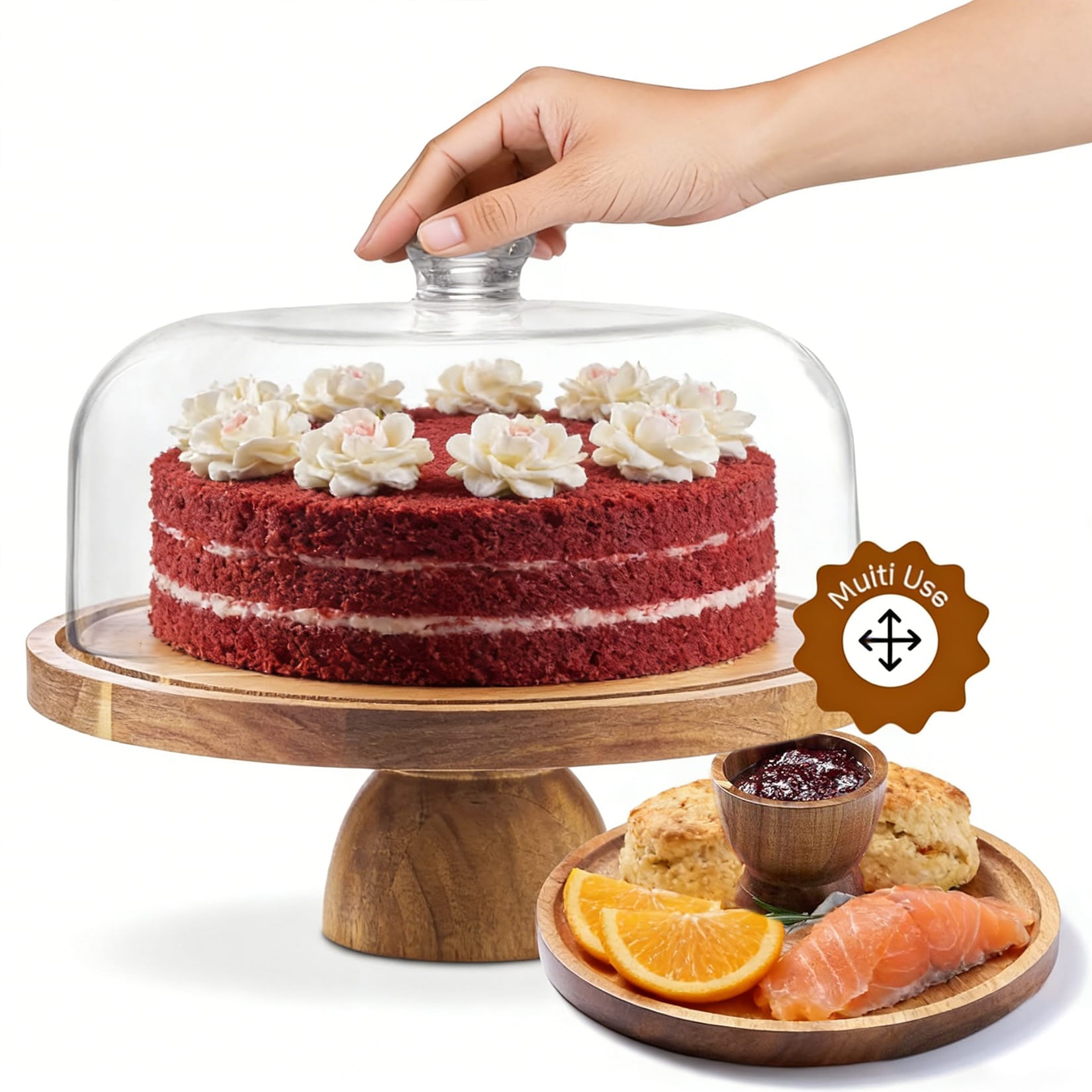 Garvee 12 Inch Acacia Wood Cake Stand with Acrylic Dome Lid 2-in-1 Dessert Display and Charcuterie Board Round Serving Platter for Cake Fruit Cheese Snacks and Party Entertaining