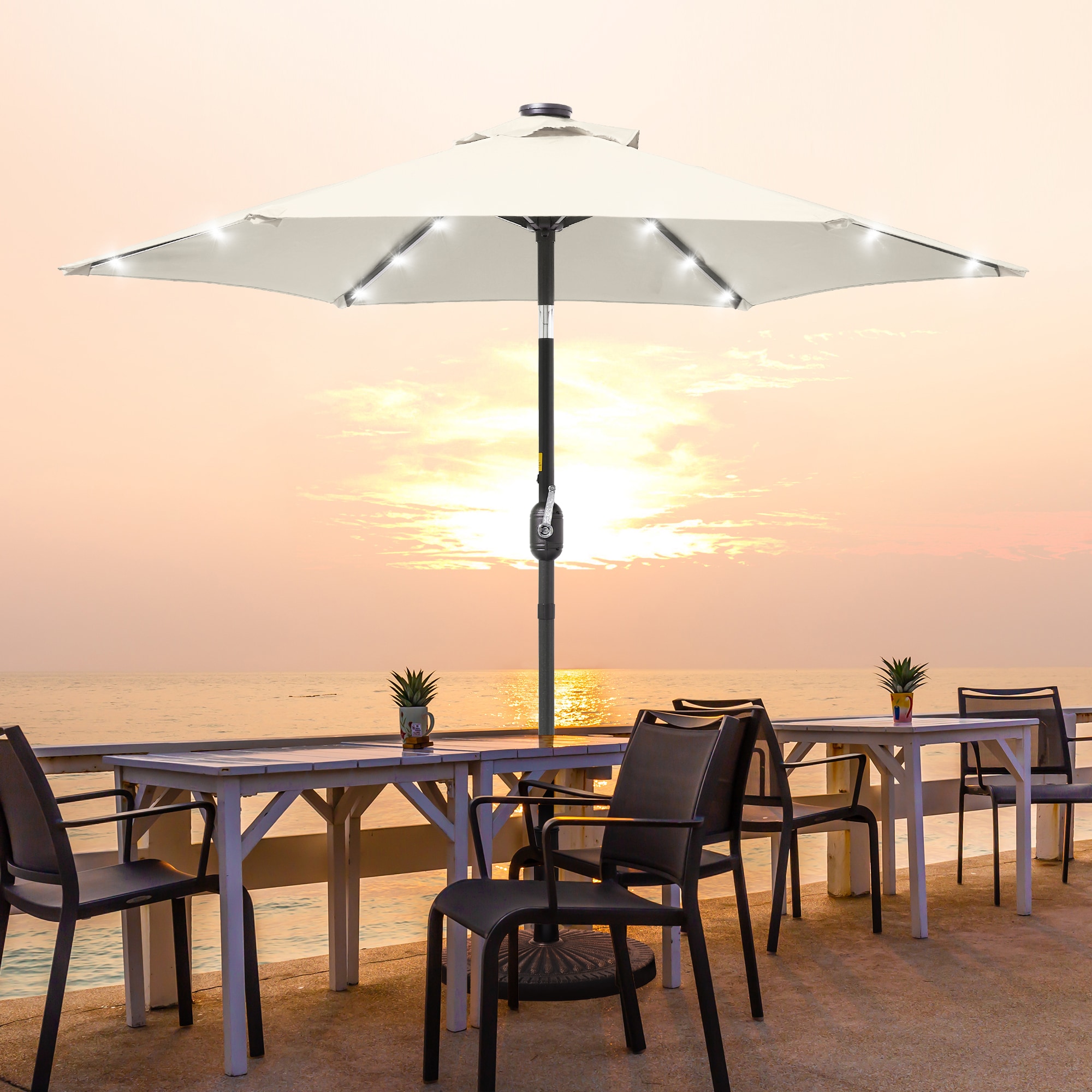 ACEGOSES LW-LED75BG 7.5-ft Steel Beige Push-button Tilt Market Patio Umbrella with Lights