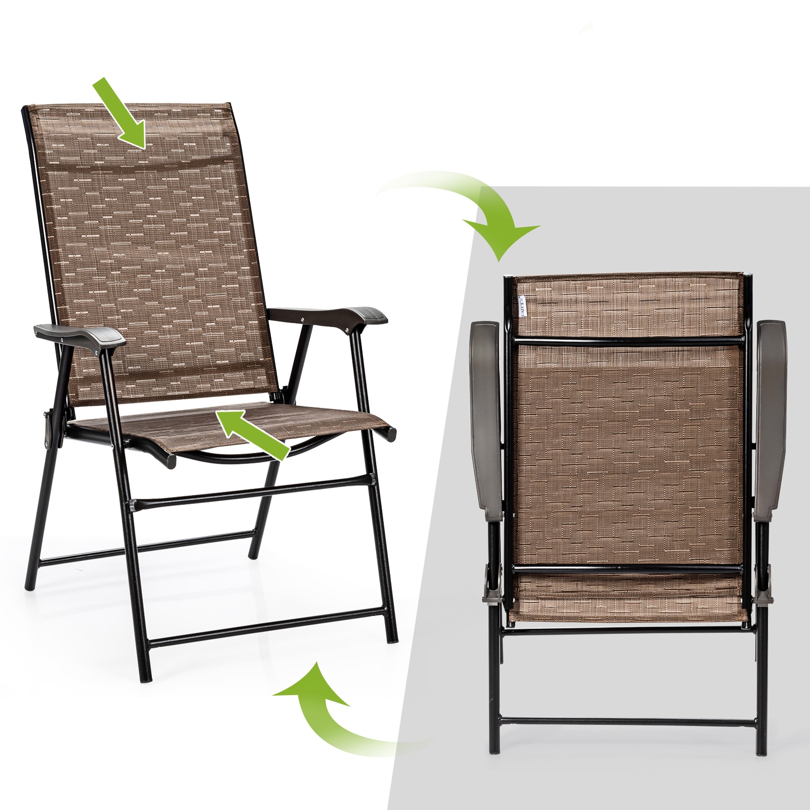 Brown Steel Frame Foldable Patio Dining Chairs with Mesh Seats, Set of 2