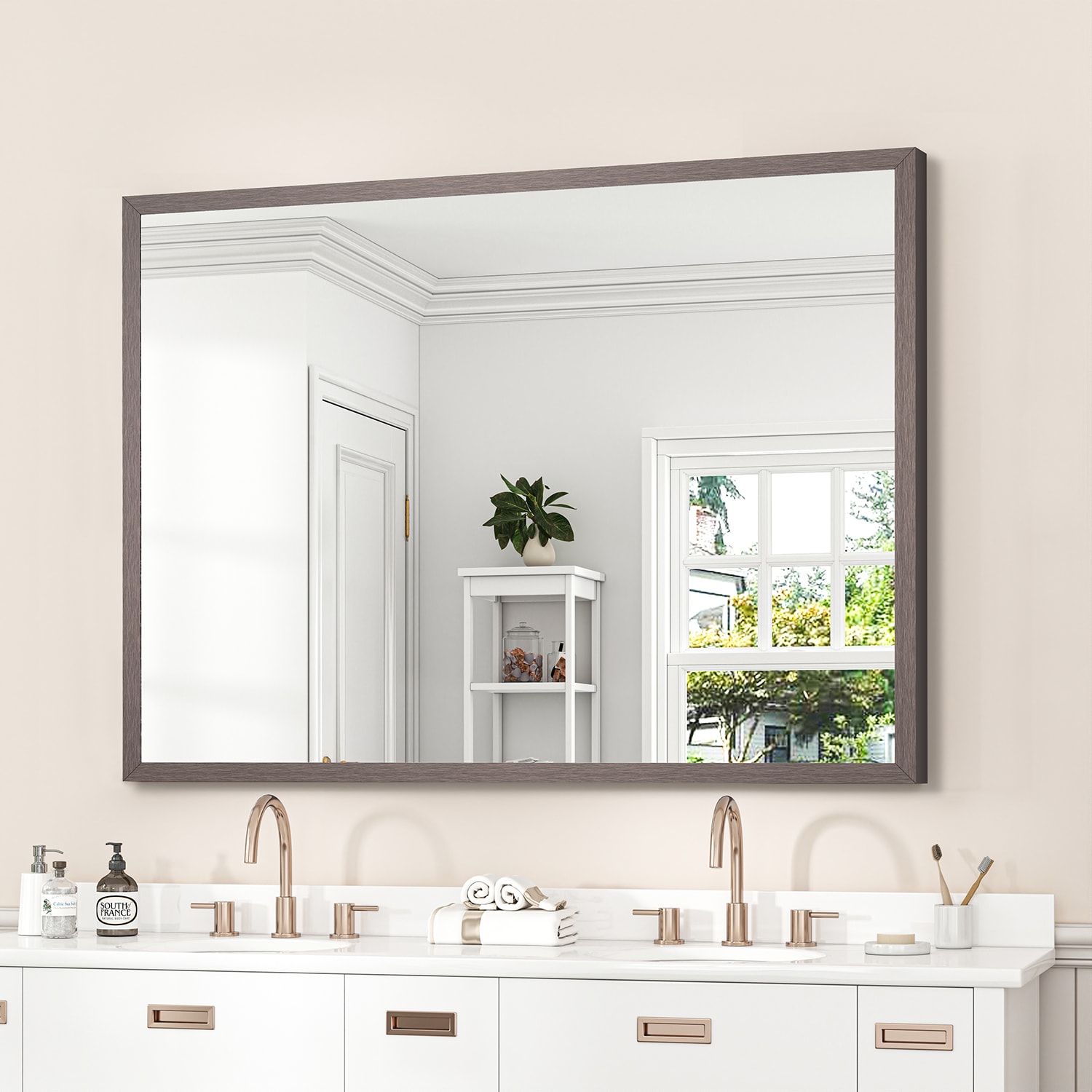 Yuaris 48 in. W x 32 in. H Rectangular Aluminum Alloy Framed and Tempered Glass Wall Bathroom Vanity Mirror in Dark Brown