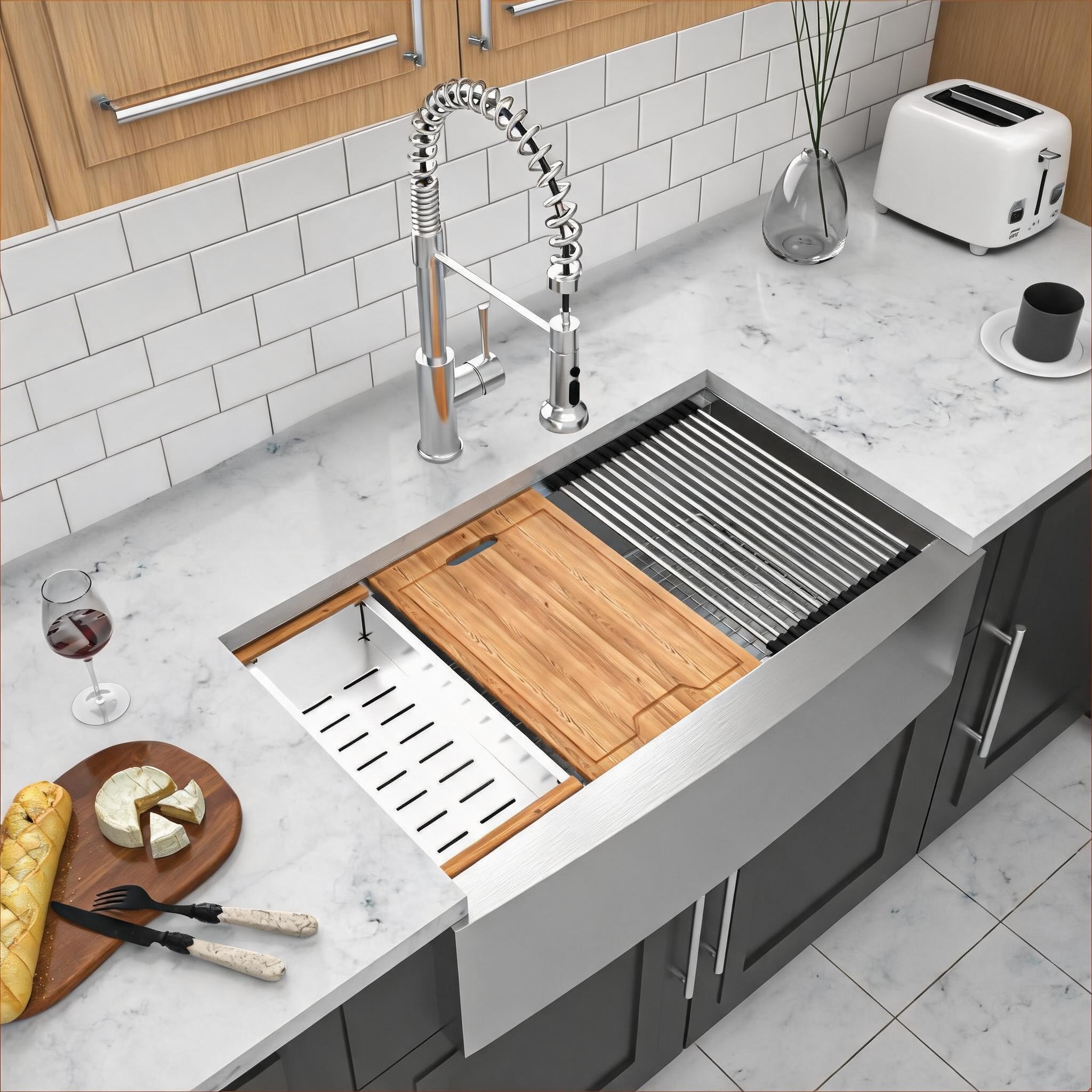 Watnature T304 Stainless Steel 30 Inch 16 Gauge Workstation Apron Front Farmhouse Kitchen Sink #RC9EDOS5KGAA