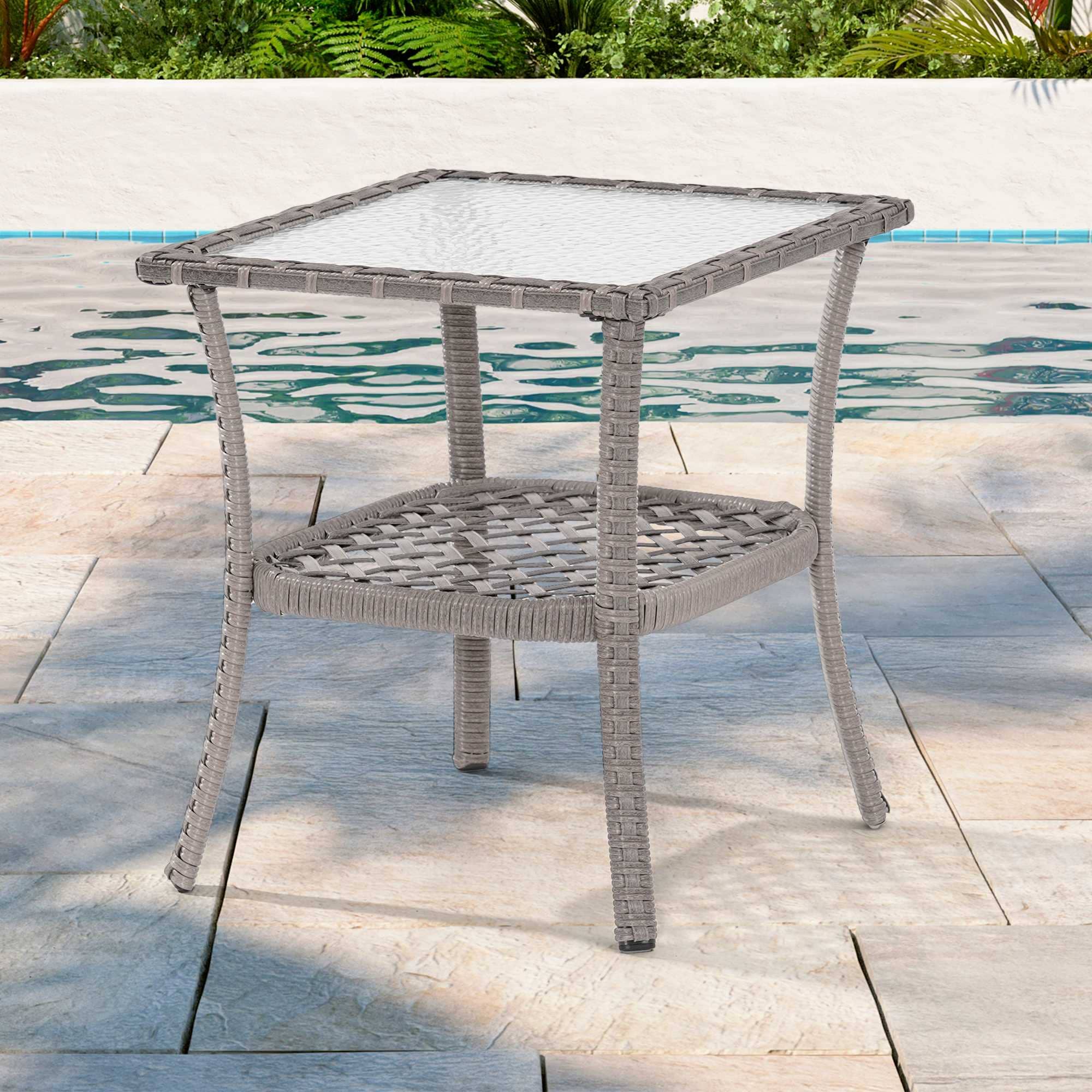 Aok Garden LWP-ET-115T2-GY 20x20'' Square Gray Wicker Patio Table with Glass table top