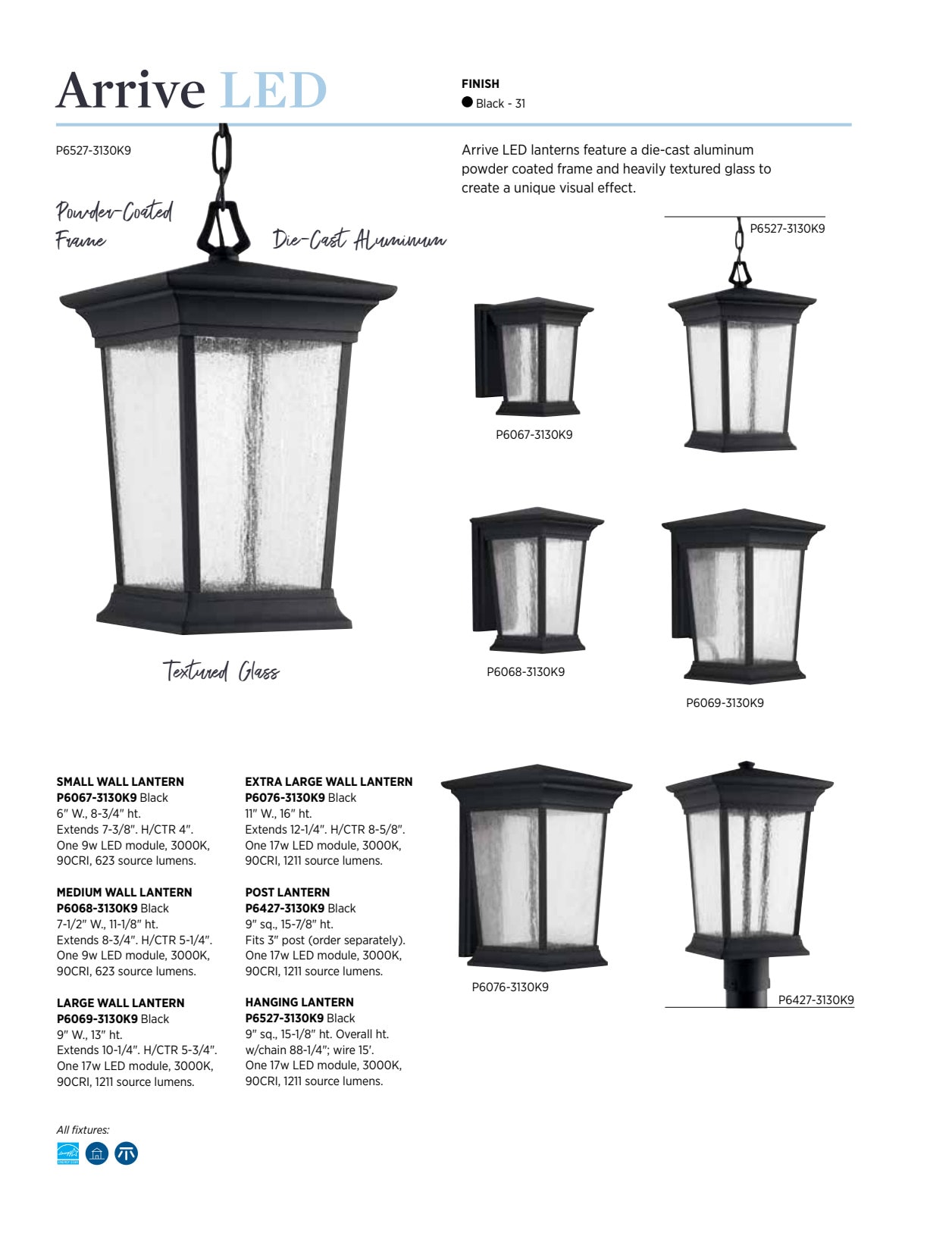 Black Aluminum LED Outdoor Wall Lantern with Textured Glass
