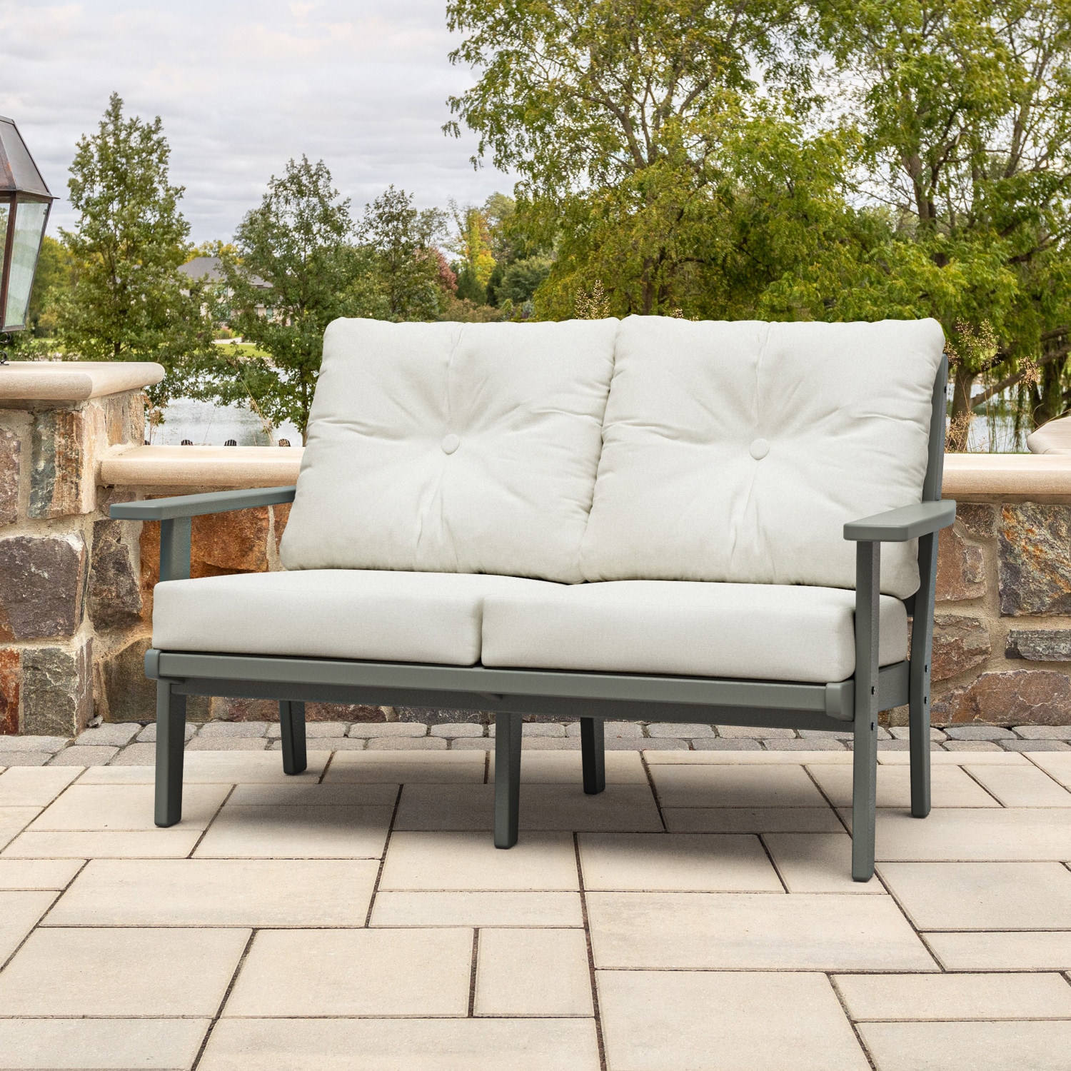 allen + roth by POLYWOOD AR4422-GY152939 Oakport Outdoor Loveseat with White Cushions and HDPE Frame