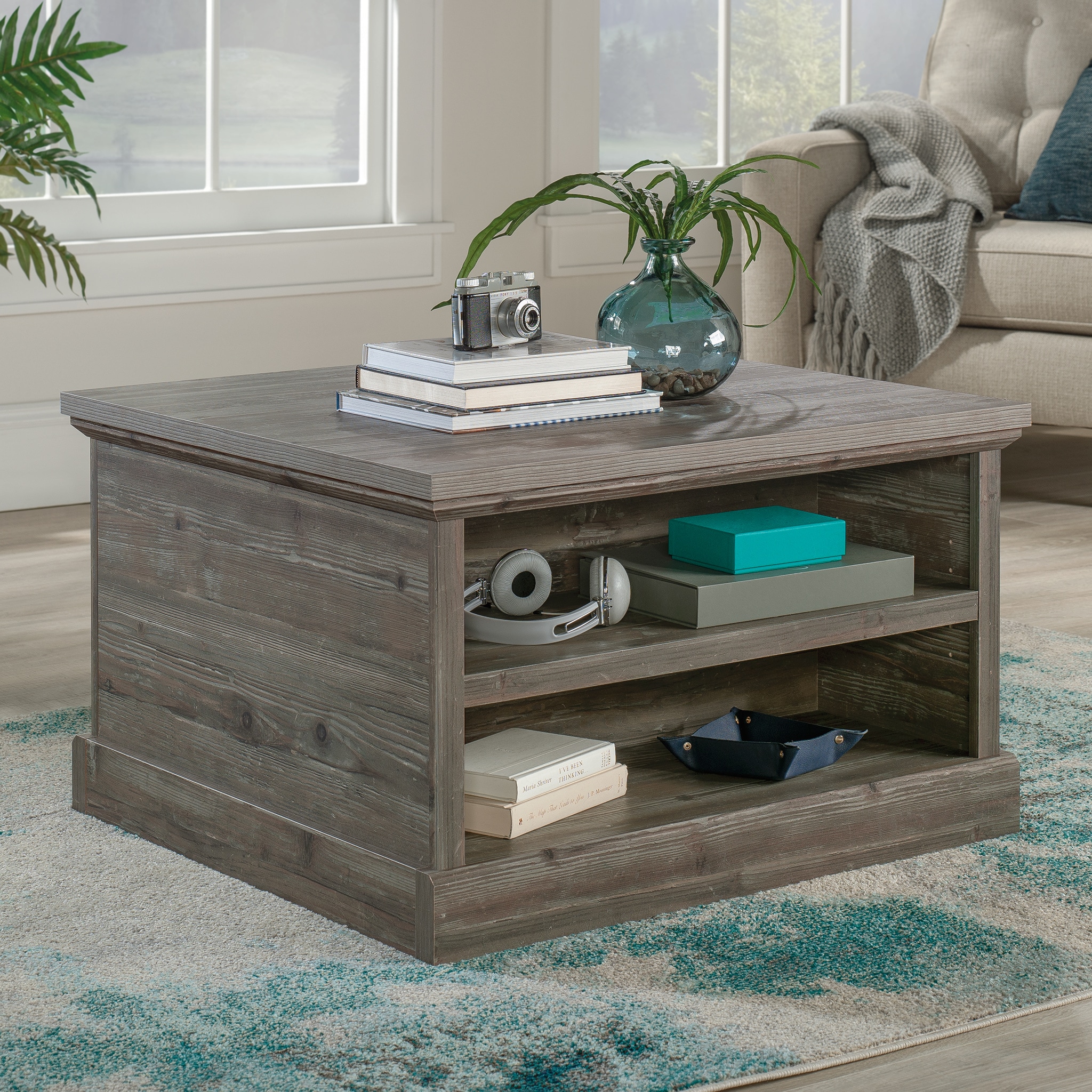 Pebble Pine Square Wood Coffee Table with Storage