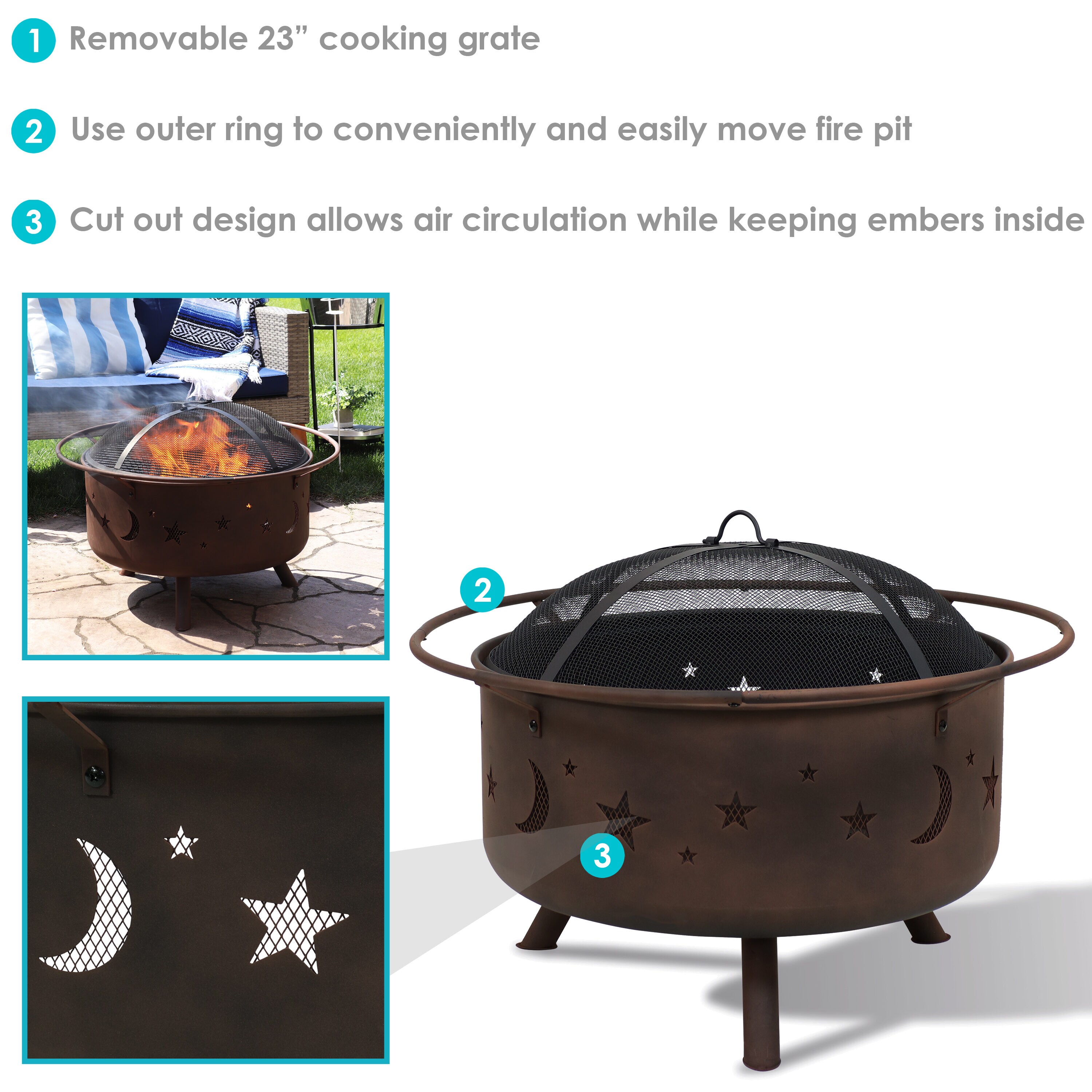 Bronze 30" Round Wood-Burning Steel Fire Pit with Cooking Grate
