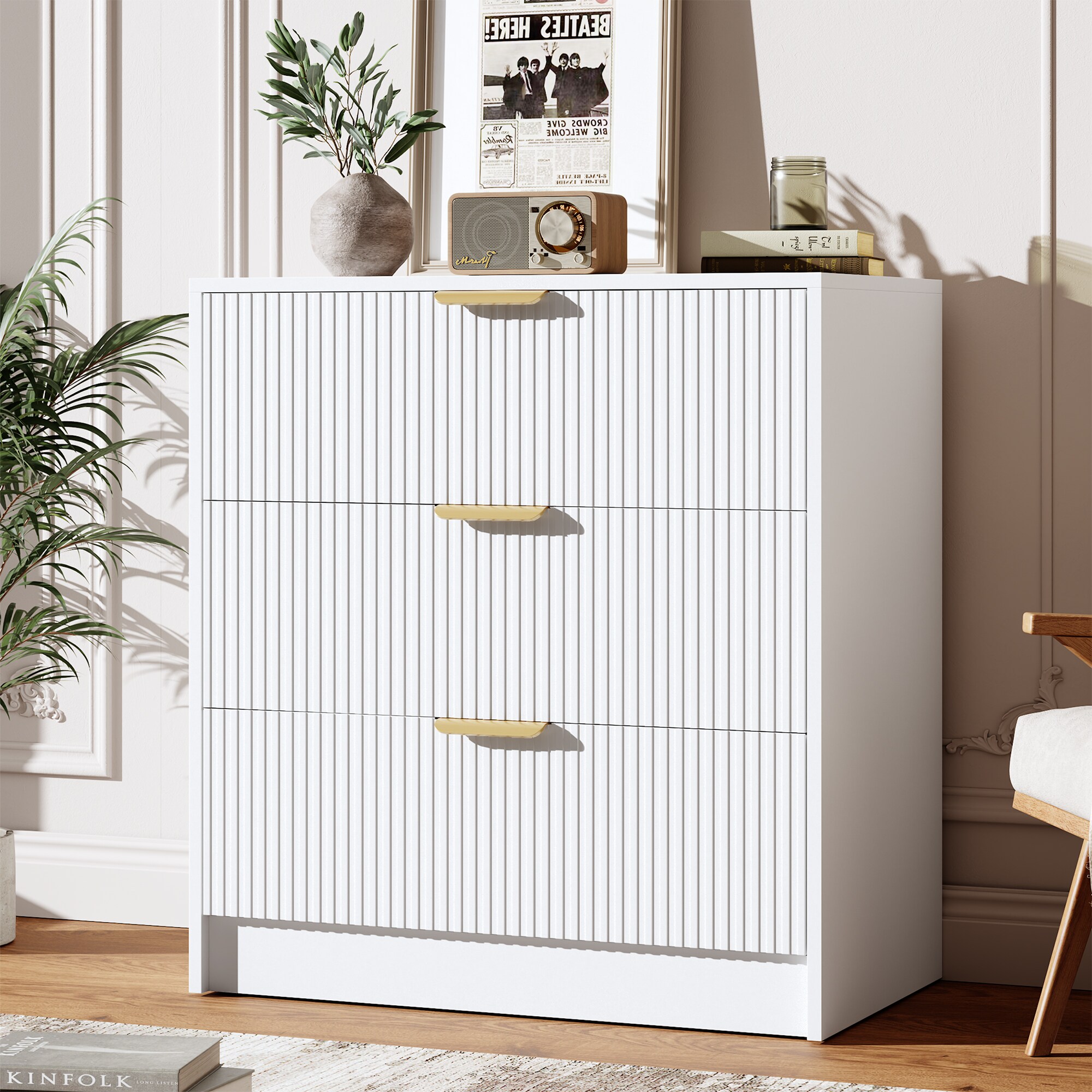 Garvee 3 Drawer Dresser for Bedroom 29 in Tall Nightstand Vertical Modern Fluted Chest of Drawers