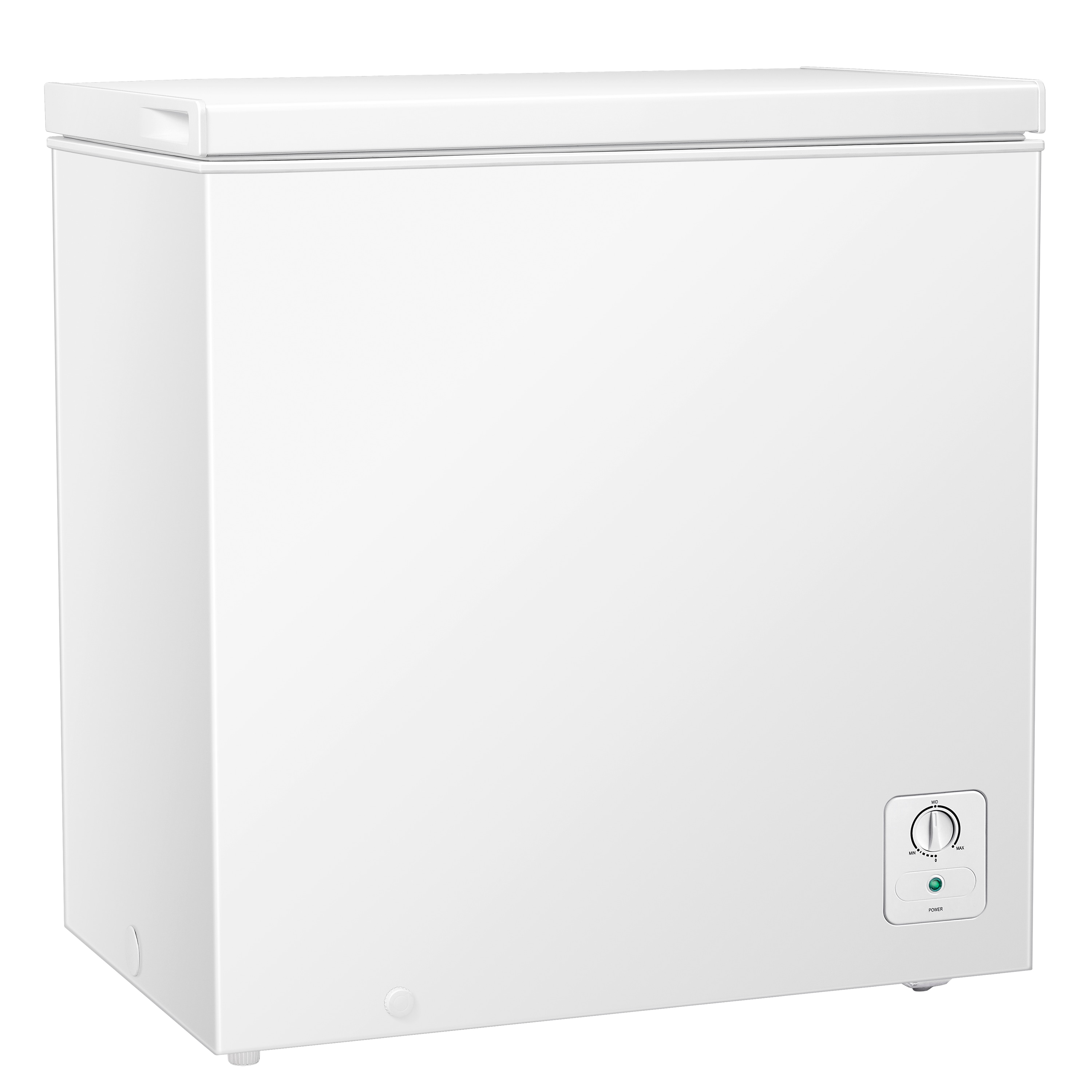 Small chest freezer that rolls out underneath countertop. Locks in