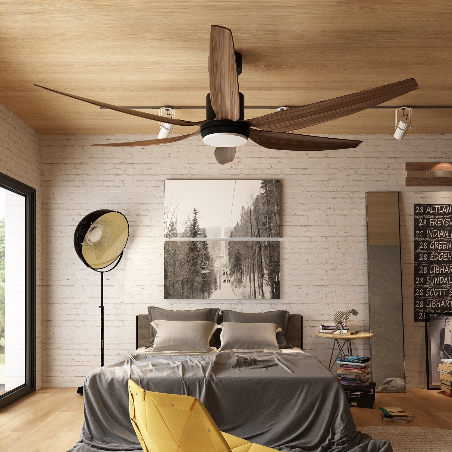 MIDHAM LJY-JH0227-01 Ceiling Fan 66.1-Inches Black with Brown Blades Color-Changing Indoor/Outdoor Flush mount Standard Ceiling Fan With Light and Remote ( 6 -Blade)