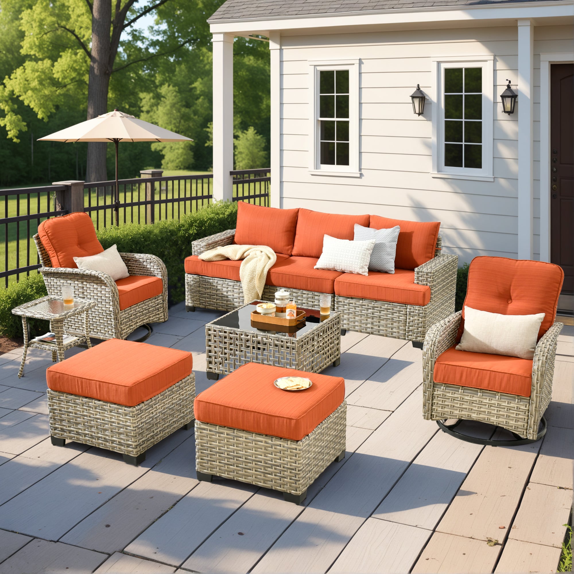 ALTRIGUS 6L-VYZTBS8091-AL 9 -Piece Wicker Patio Sofa Conversation Set with Orange Cushions