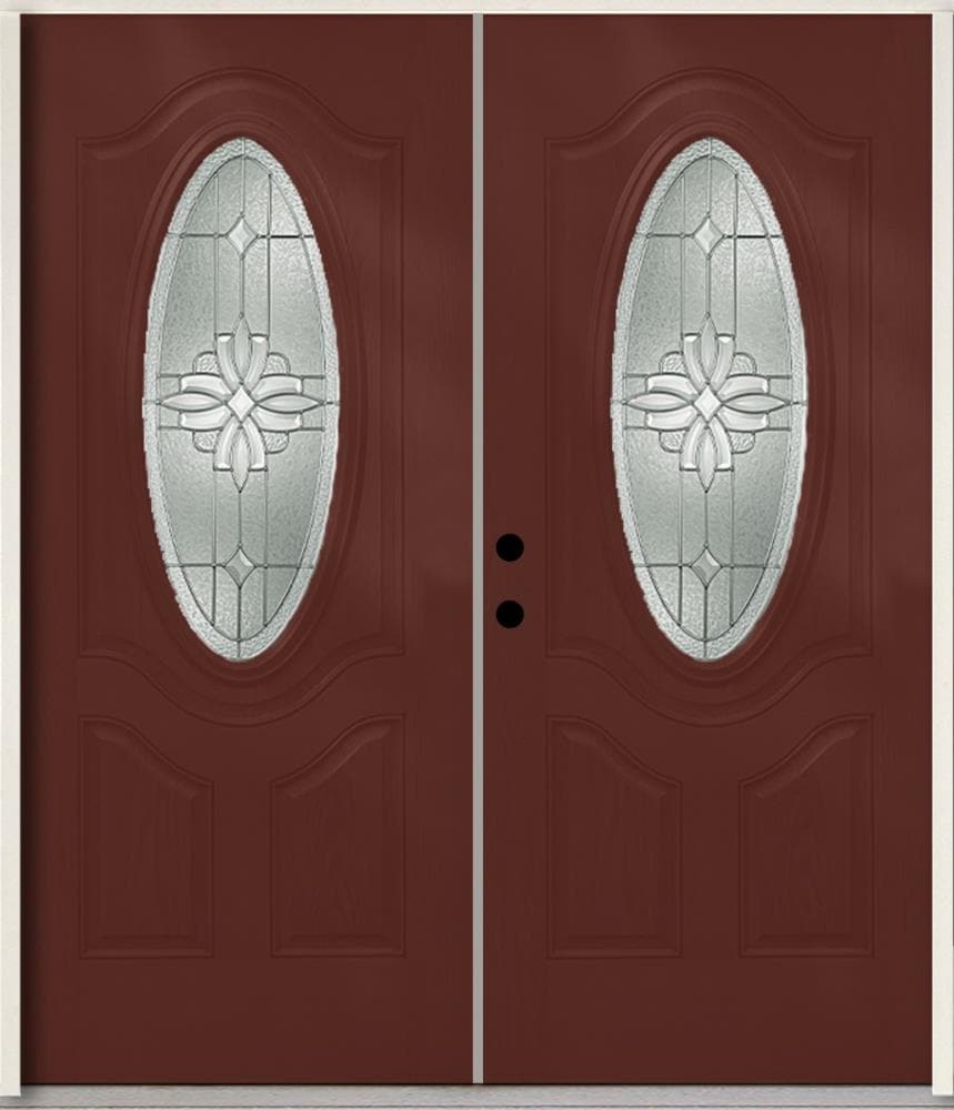 RELIABILT LO841832 Laurel 72-in x 80-in x 4-9/16-in Fiberglass Oval lite Right-hand inswing Wineberry Stained Prehung Double Front Door Insulating core