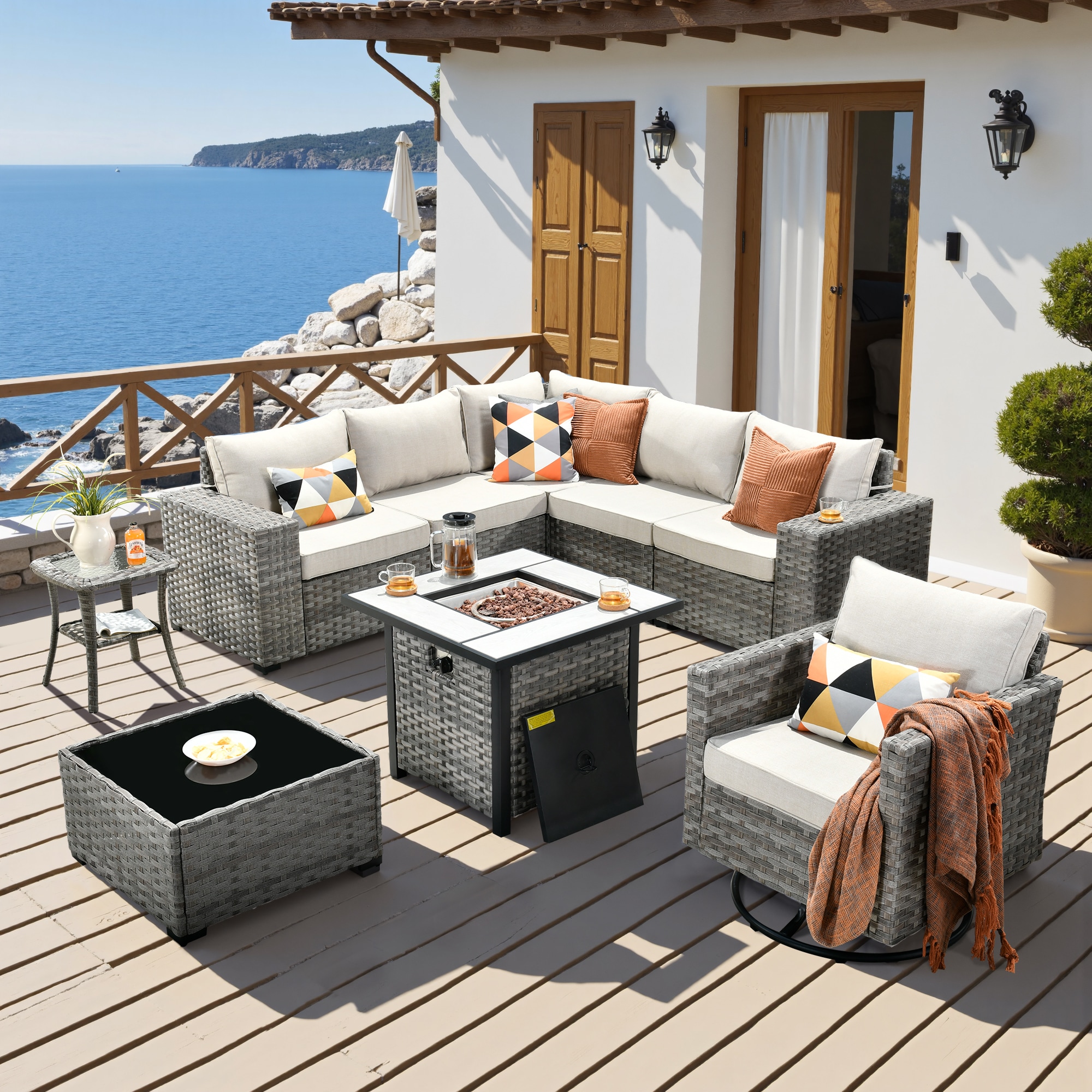 Pouuin SSFPBBR607 5 -Piece Wicker Patio Sofa Conversation Set with Off-white Cushions