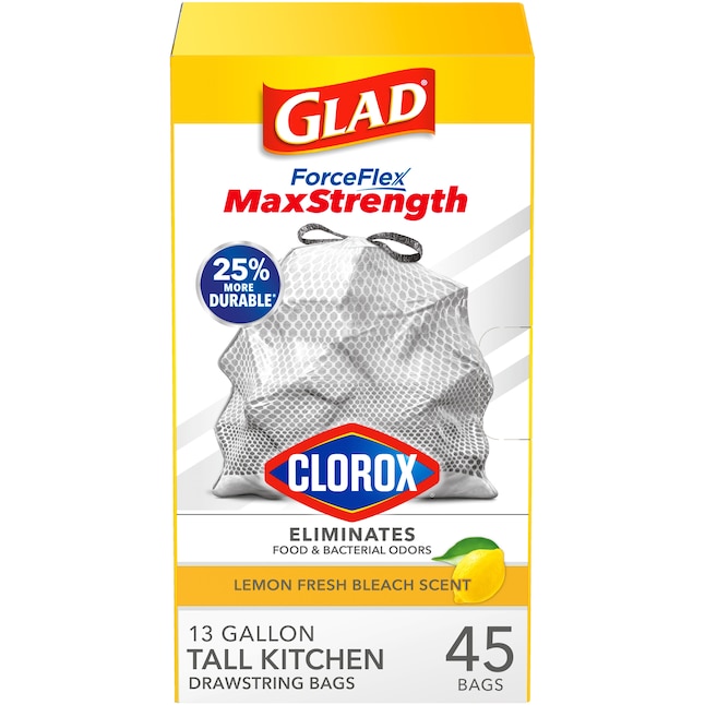 Glad ForceFlex MaxStrength 13-Gallons Lemon Fresh Bleach Gray Plastic  Kitchen Drawstring Trash Bag (45-Count) in the Trash Bags department at