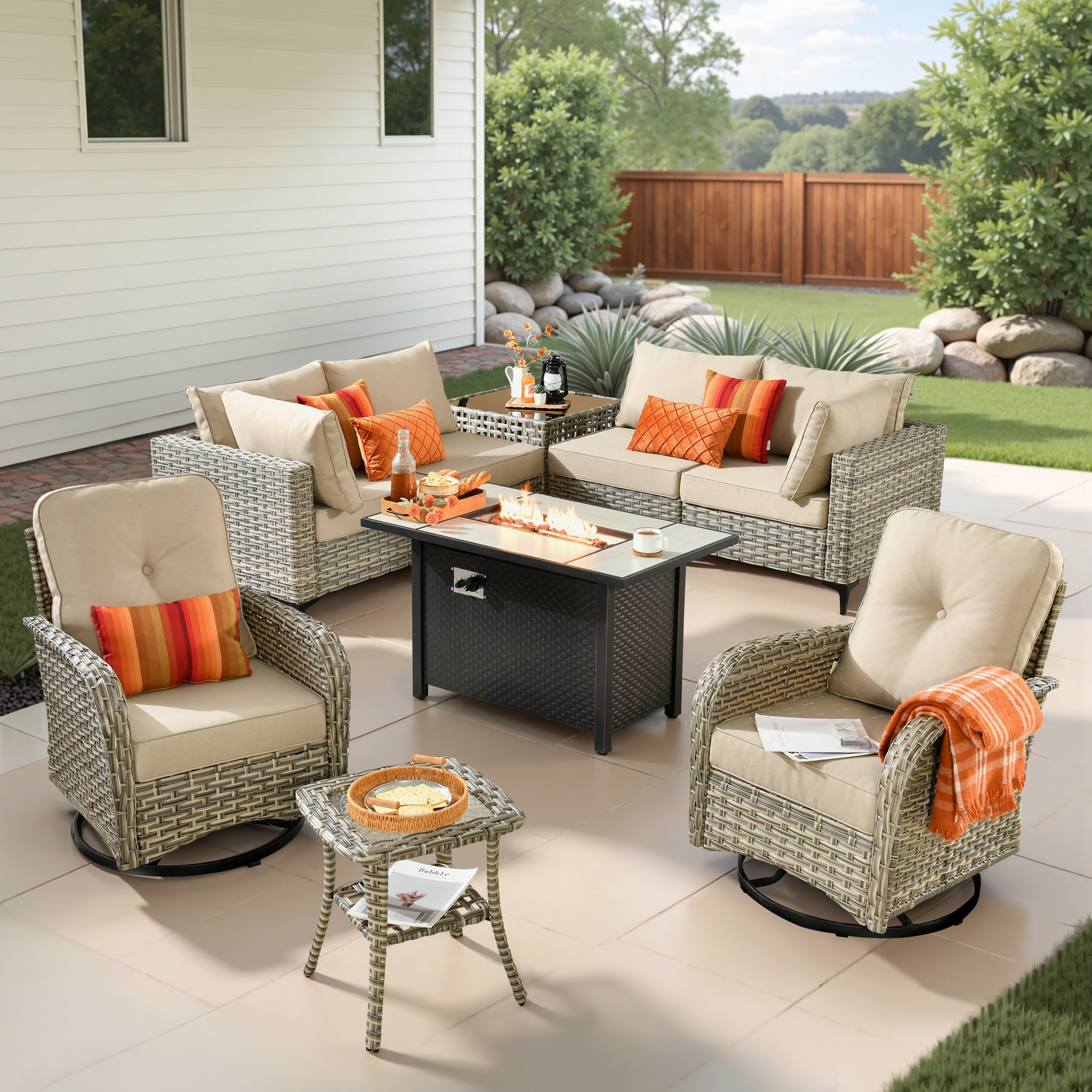 weaxty CFP03DSCRRSYZVNC609 Lotus 9 -Piece Wicker Patio Conversation Set with Off-white Cushions