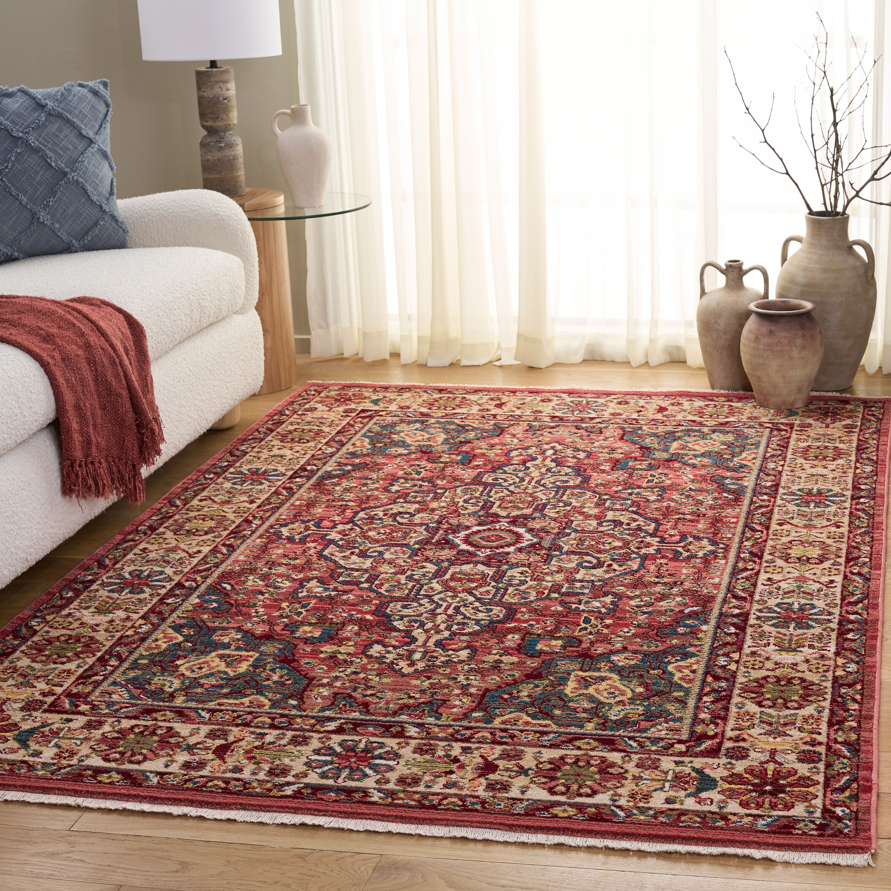 Kashan 7 x 9 (ft) Loomed Polypropylene Red/Ivory Rectangular Indoor Mid-Century Modern Professionally Clean Only Area rug