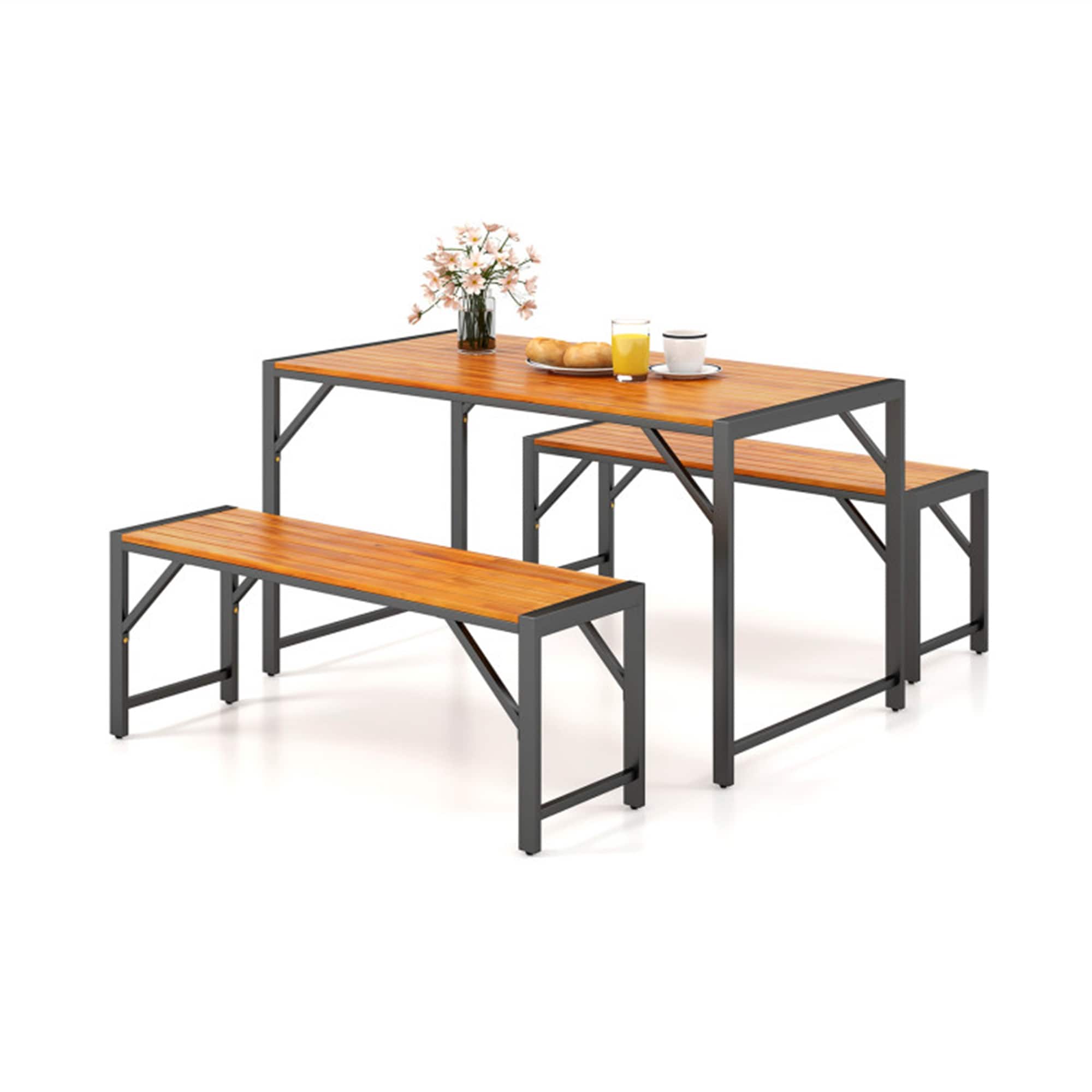 BABOOM BOM-HW71586-CO Outdoor Dining Furniture Sets 3 -Piece Natural+Black Patio Dining Set Wood Rectangle Table with 2 Stationary Chairs