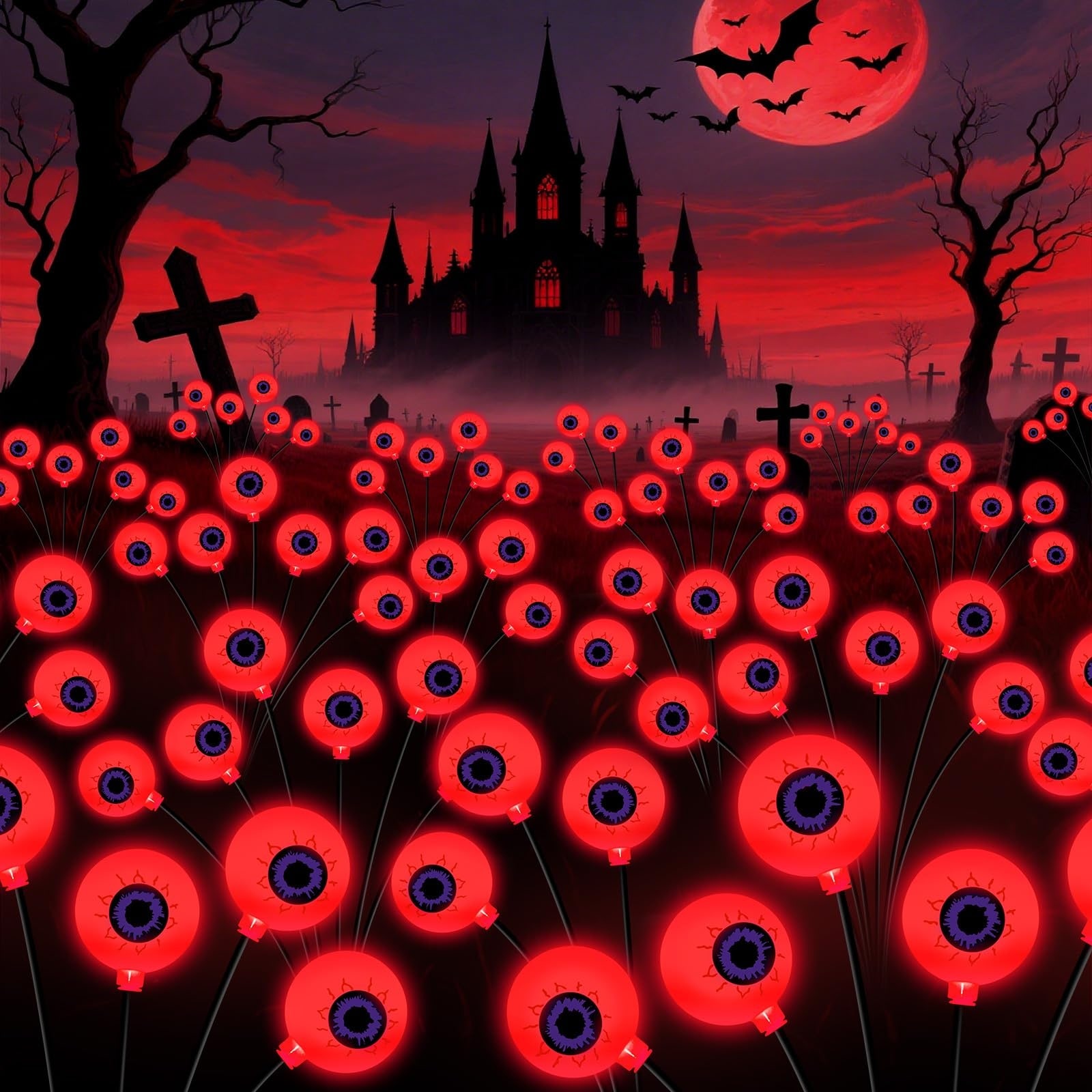 Oyezvary  Halloween Decorations Outdoor 6 Pack 36 LED Solar Red Eyeball Swaying Lights Waterproof Garden Pathway Yard Party Decor