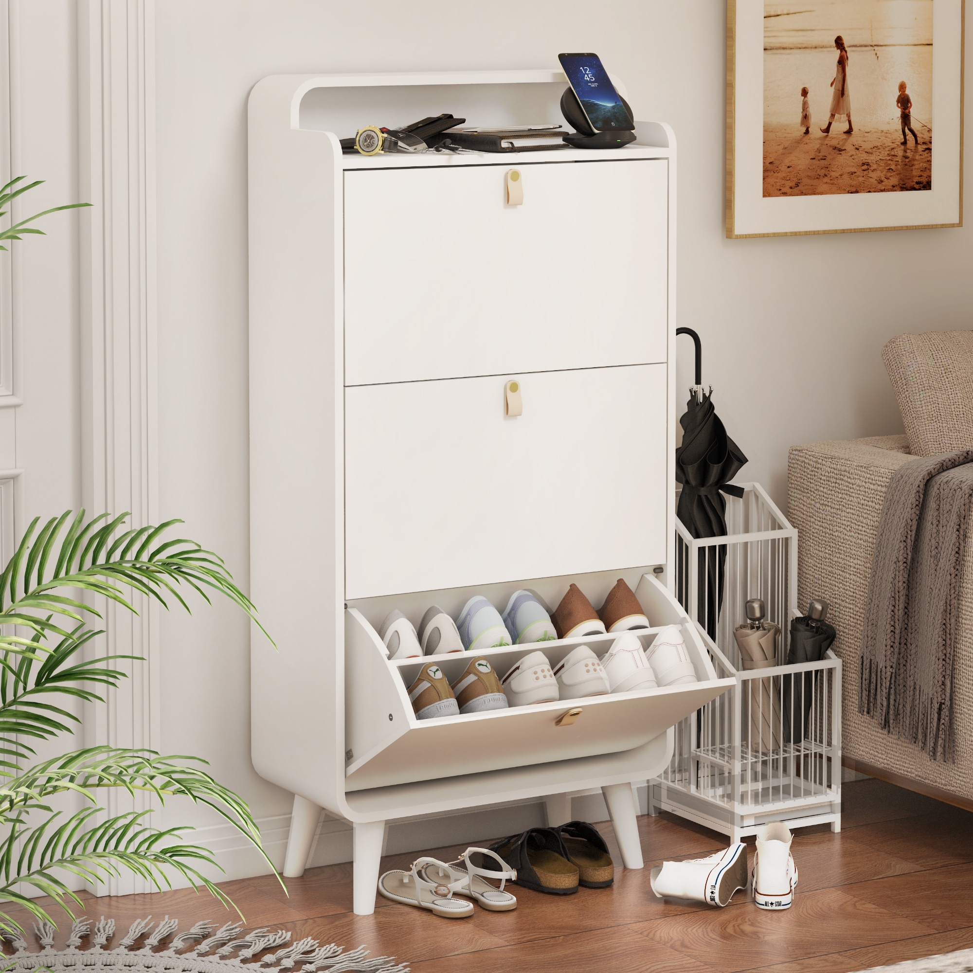 Huluwat YXJ-Modern Arc Design Shoe Cabinet With 3 Drawers Shoe Storage Cabinet for Entryway Outdoor White Finish