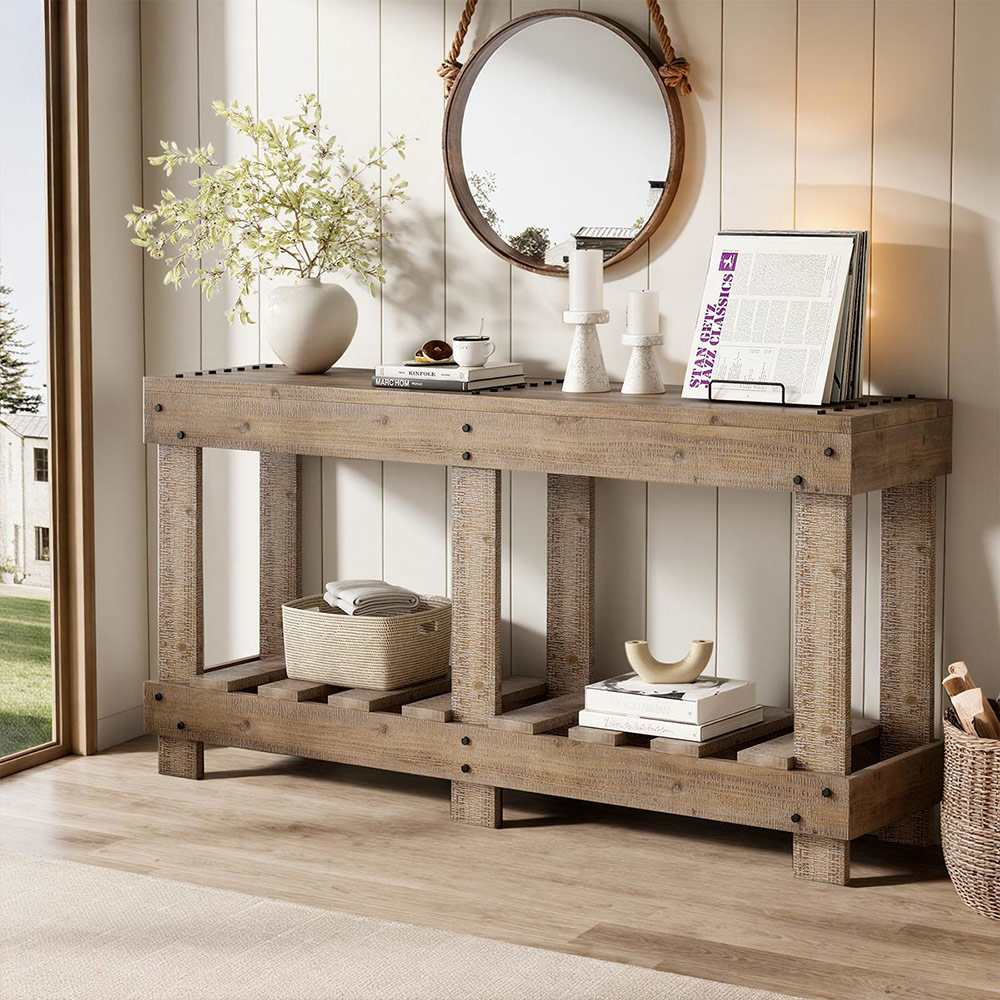 Coolbibila OWEN-CONSOLE-NATURAL Natural Solid Wood Console Table 63 Inch Vintage Entryway Table with Shelf and Metal Rivets