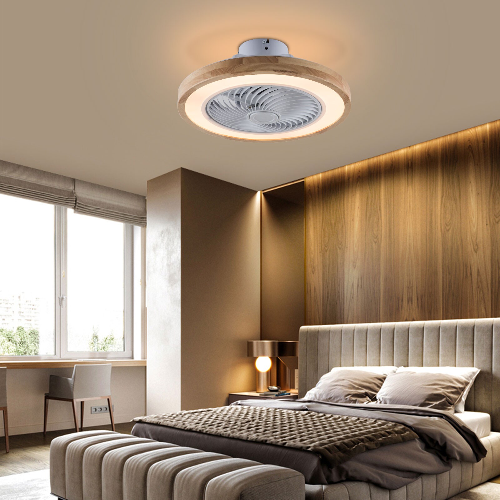 Oukaning 20-in Natural Wood Dimmable Color-changing Integrated LED 