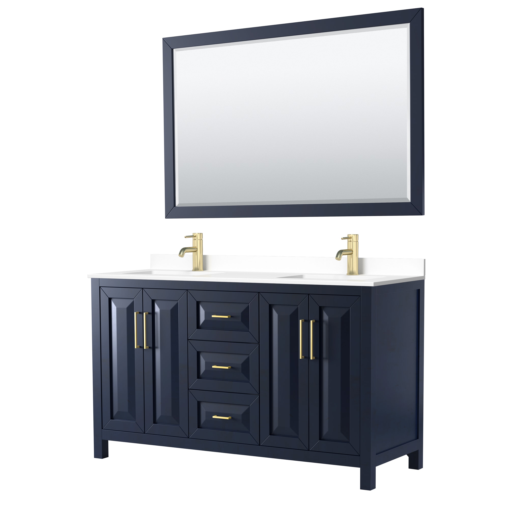 Wyndham Collection WCV252560DBLWCUNSM58 Daria 60-in Dark Blue with Brushed Gold Trim Undermount Double sink Bathroom Vanity with White Cultured Marble Cultured marble Top (Mirror Included)