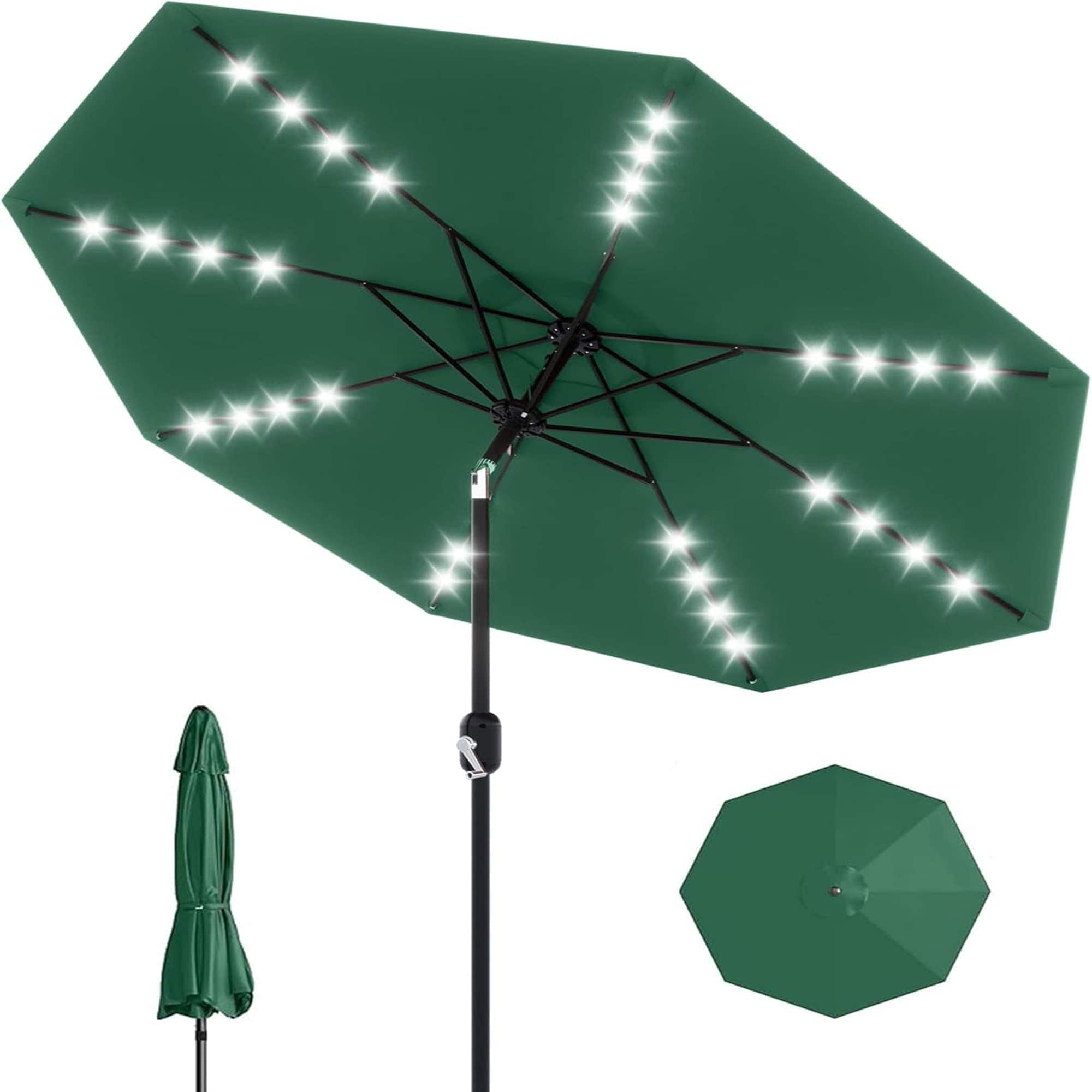 Qeetex LSHQQPPG-334W3H59 9Ft Patio Umbrella with Solar Lights  32 LED Lights and Tilt Crank  8 Ribs Market Umbrella  Polyester Fabric  Dark Green