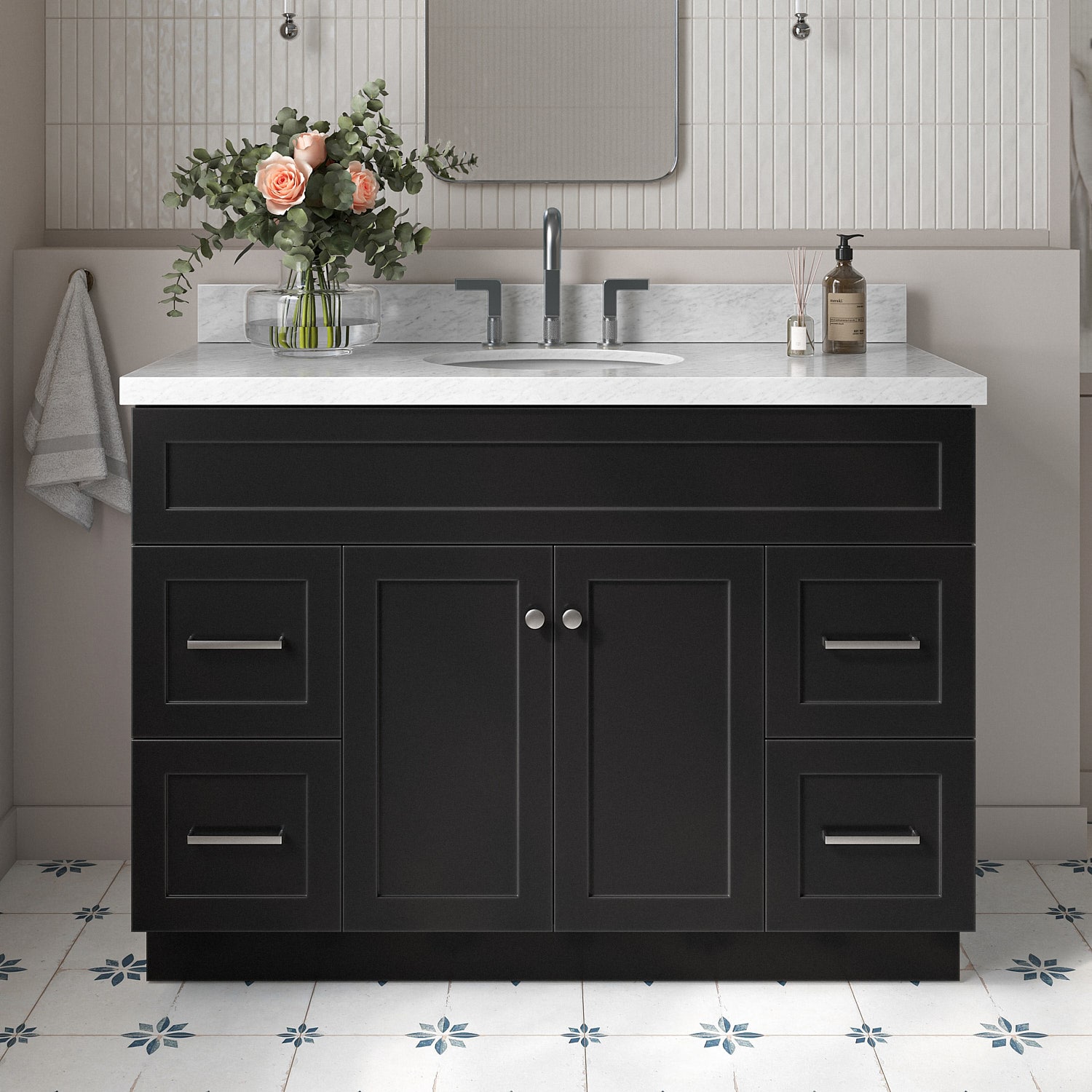 ARIEL F049SCWOVOBLK Hamlet 48-in Black Undermount Single sink Bathroom Vanity with Carrara White Marble Marble Top
