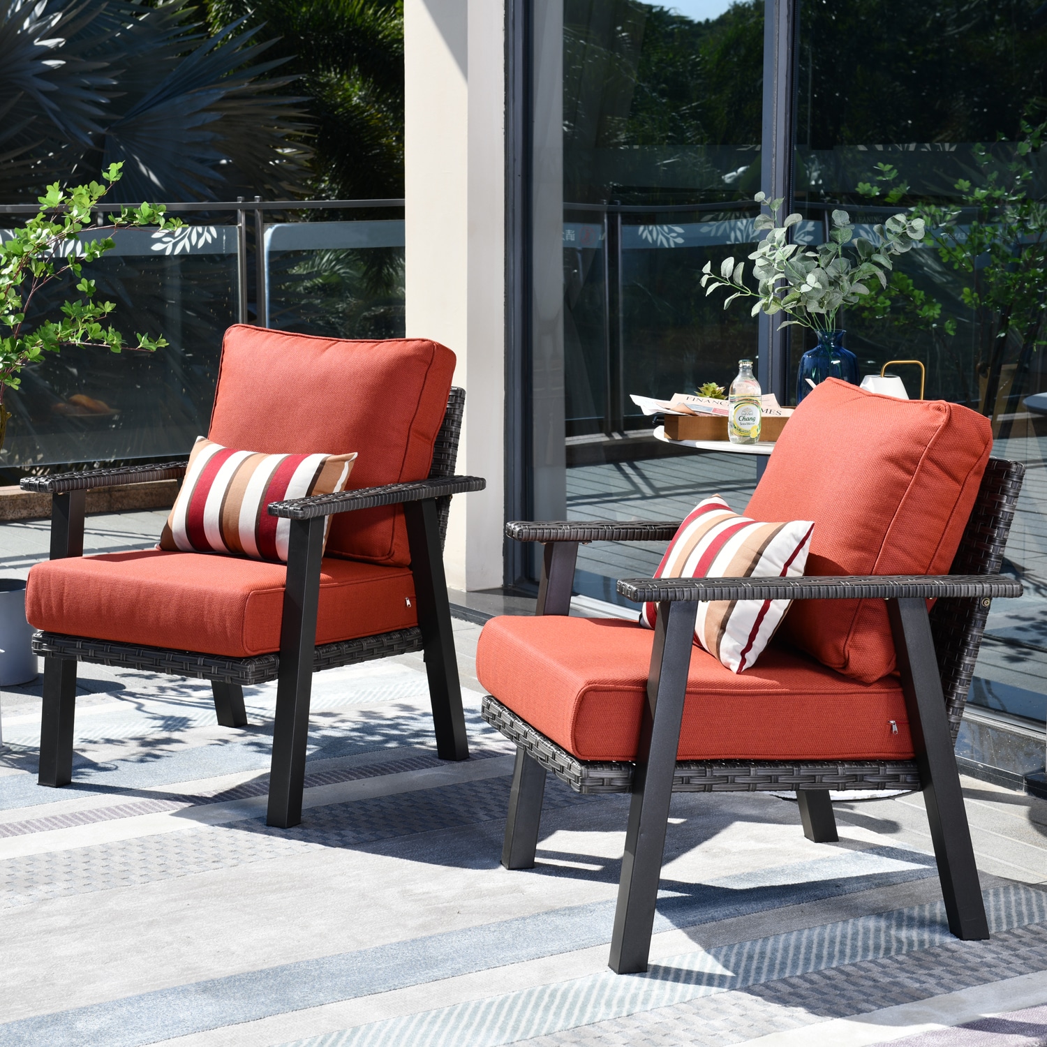 Pouuin SHW80T02A Hw Set of 2 Rattan Gray Steel Frame Stationary Conversation Chair with Orange Woven Seat