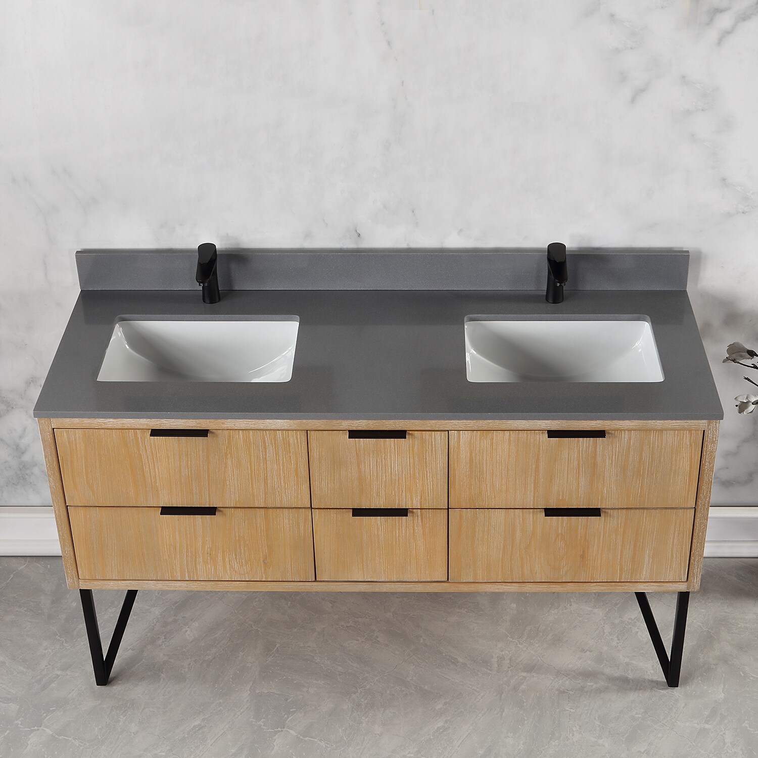 Helios 60" Double Weathered Pine Vanity with Concrete Gray Countertop